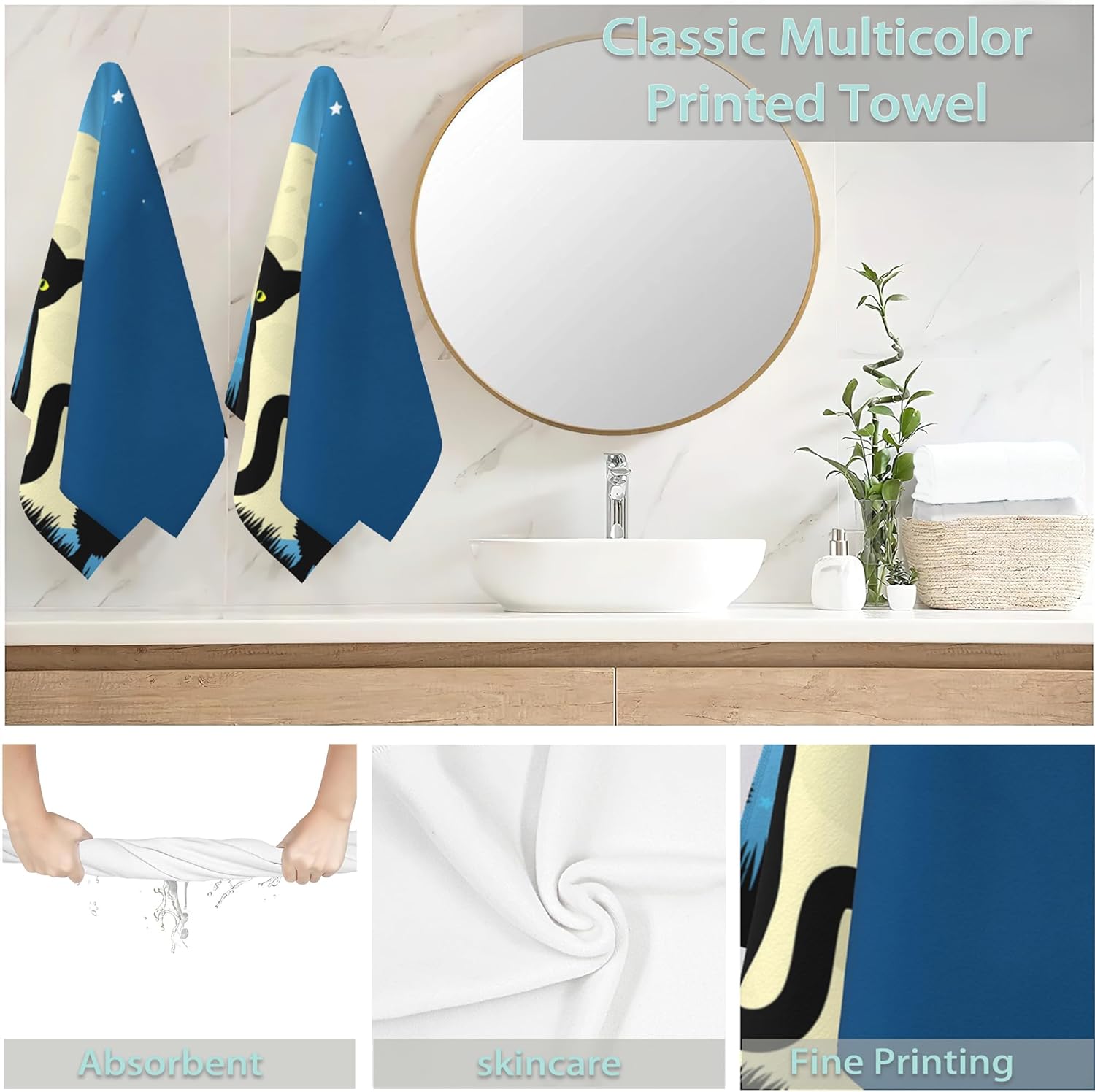 Black Cat Moon Hand Towels Set of 2, Halloween Fingertip Polyester Cotton Soft Bath Towels for Bathroom Kitchen Hotel Spa, 14"X28" - Image 6