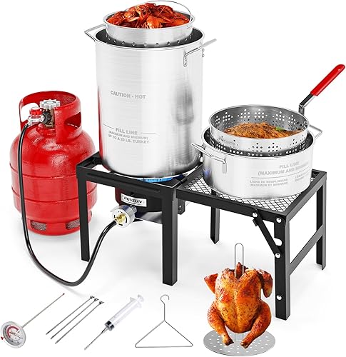 Kit de freidora de pavo ROVSUN de 30QT y freidora de pescado de 10QT con estufa de propano de 54000BTU y mesa lateral plegable, olla de freidora