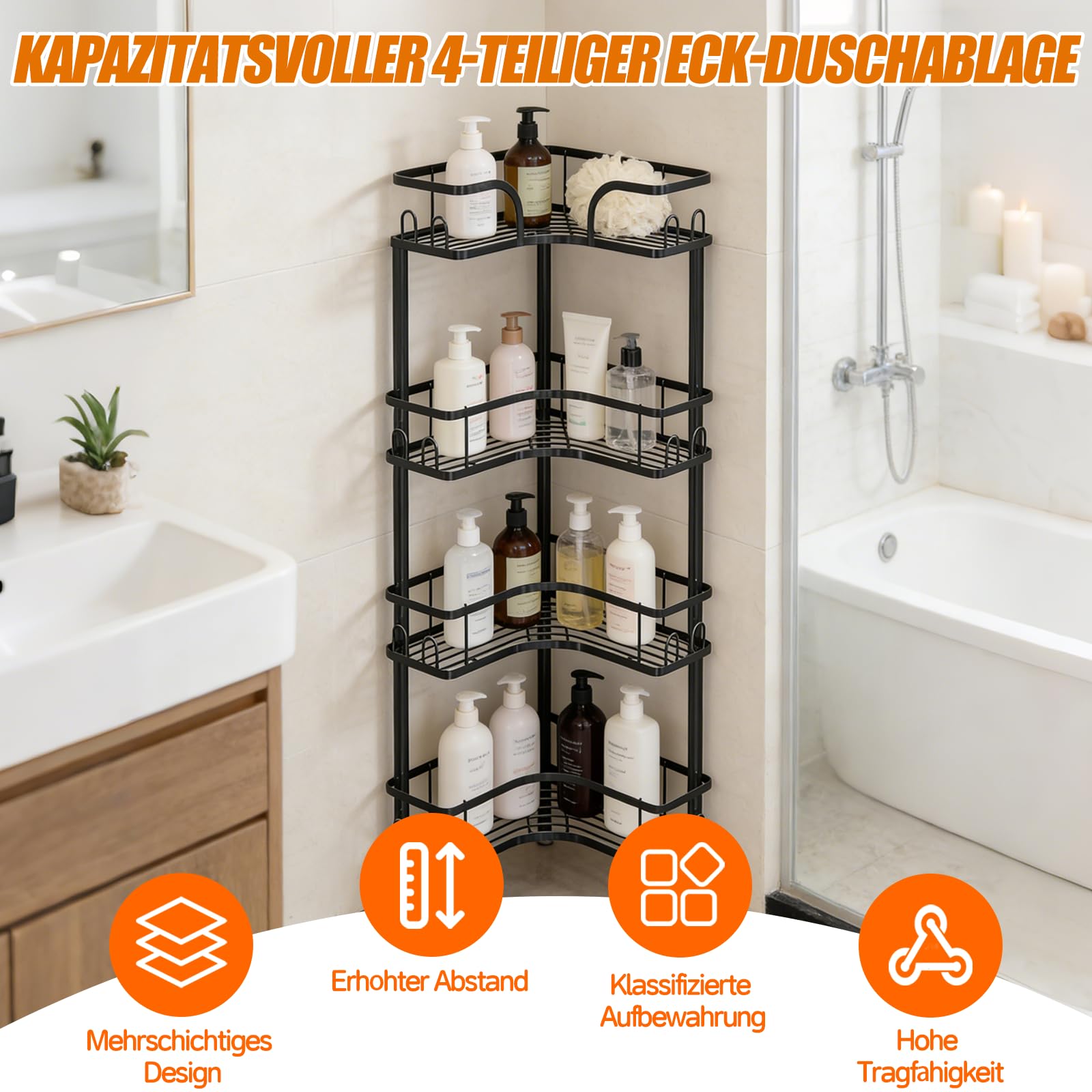 Teleskop Duschregal, 4-Tier Teleskopregal Bad Eckregal mit 16 Haken, Duschablage Ohne Bohren Höhe 107 cm, Schwarz Eckregal mit Verstellbare Fußpolster für Badezimmer