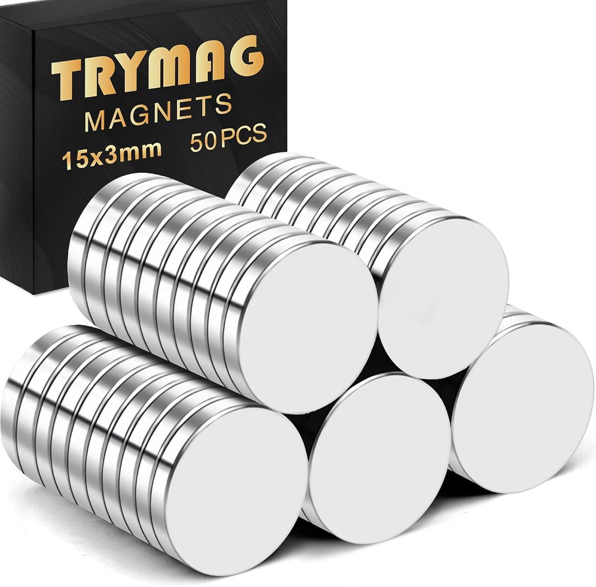 TRYMAG 50Pcs Super Strong Neodymium Magnets, 15x3mm Small Round Fridge Rare Earth Magnets for Crafts, Tiny Neodymium for Whitboard, Dry Erase Board, DIY, Scientific Models, Office