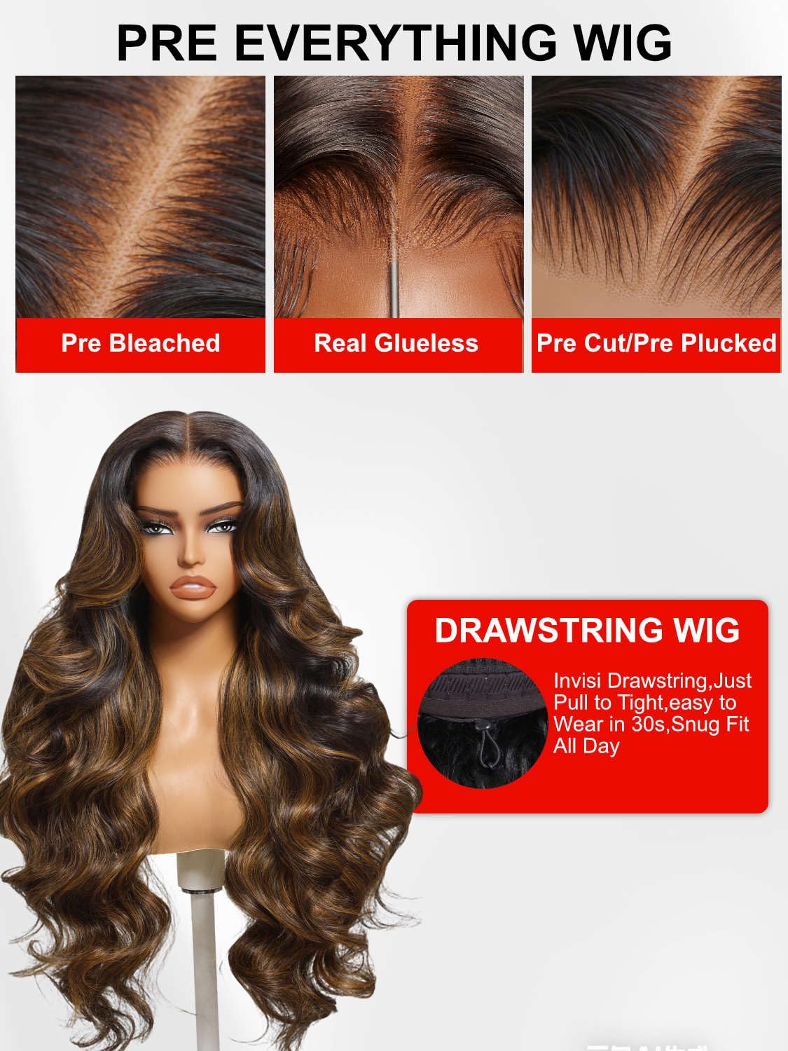 Beauty Forever Balayage Brown Body Wave Glueless Human Hair Wig, Wear and Go Wig for Beginners, 7x5 Lace Pre Plucked Pre Cut Bleached Knots, No Glue Drawstring Cap, Natural Look 150% Density 18 inch — view 4