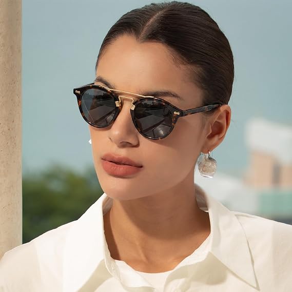 CARFIA Small Face Acetate Double Bridge Sunglasses for Women Polarized | UV 400 Protection,Retro fashion Metal Brow Eyewears Round Sunnies,Suitable for daily travel and beach vacations