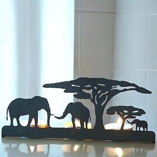 Renovatio Metal Tealight Candle Holder – Safari Elephants Silhouette Decor for Living Room, Meditation Space, Christmas & Wedding – Black Safari Theme