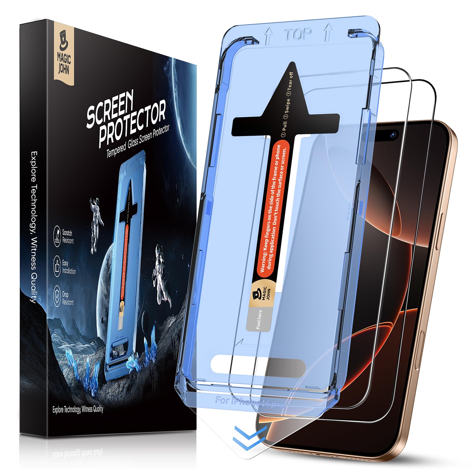 MAGIC JOHN 2 Pack for iPhone 16 Pro 6.3 inch Tempered Glass Screen Protector [Not Max], HD Clear, Bubble Free, Easy Installation, Auto Dust-Elimination