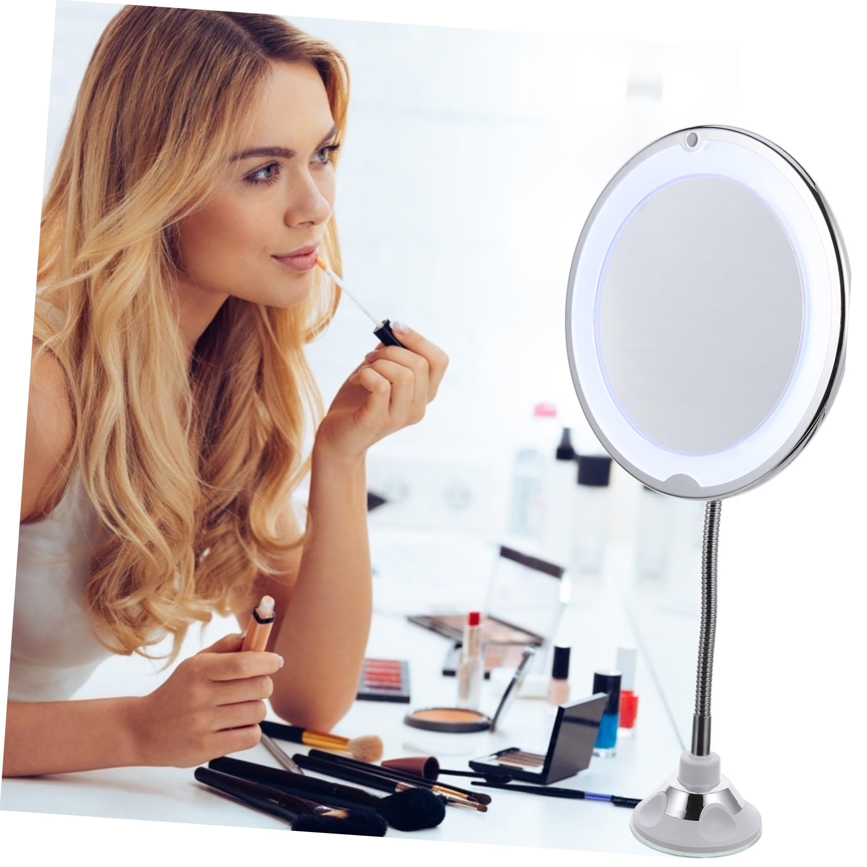 Specchio da Trucco LED 10x con Ventosa, Rotazione 360° | Argento, Plastica e Superficie Specchiante, Angolo Regolabile, per Bagno e Zone Poco Illuminate