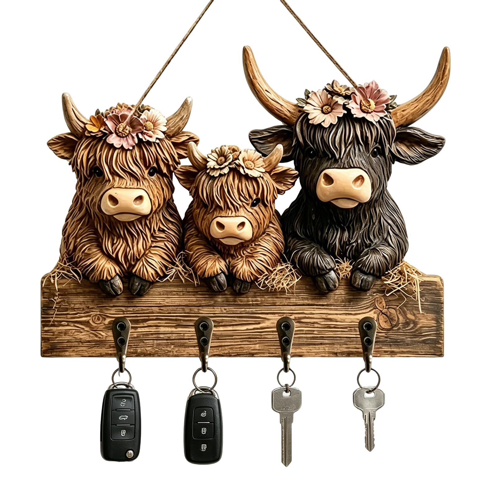 2 Pack 2D Highland Cow Wooden Key Holder Wall Mounted with 8 Hooks