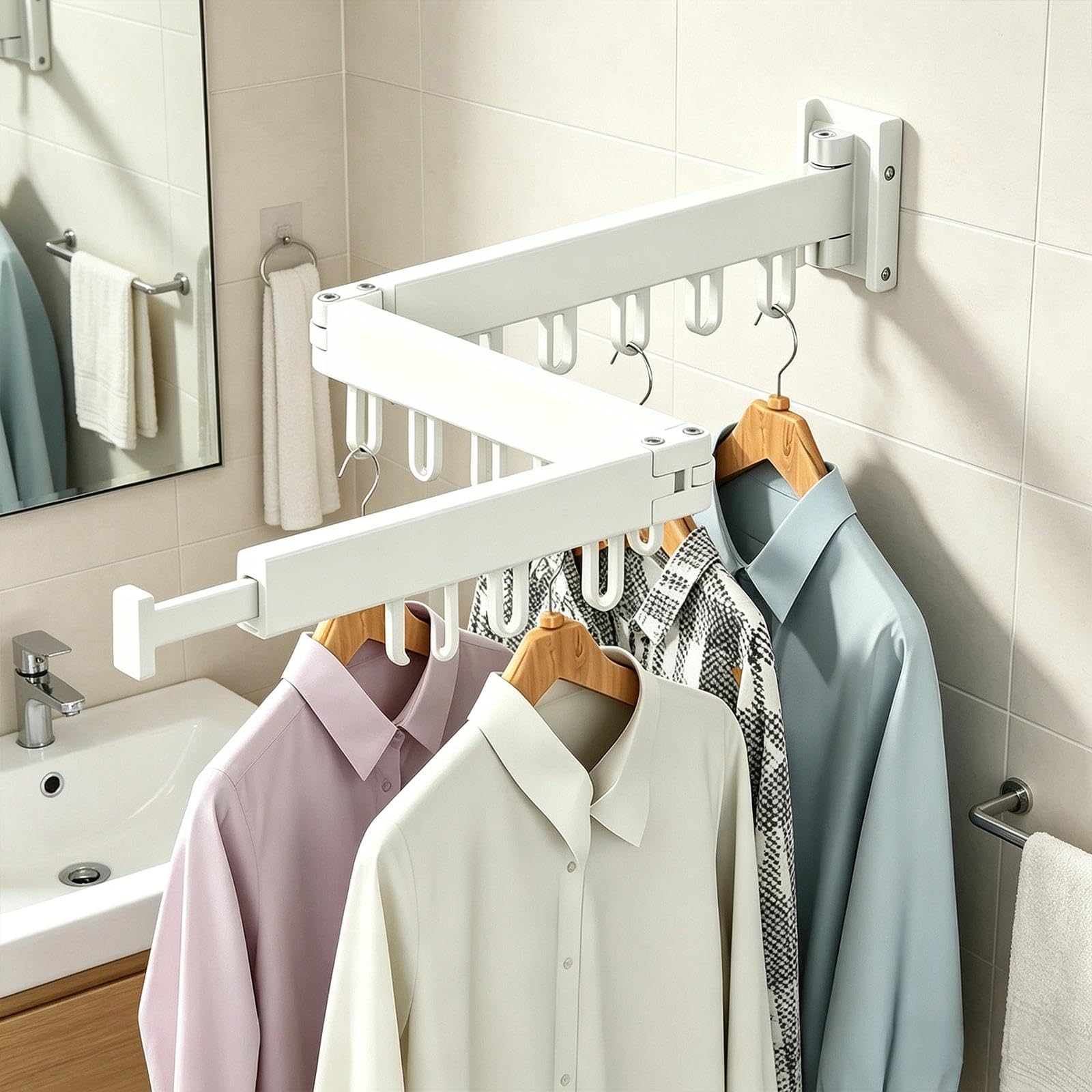 Weiß Wand-Wäschetrockner 120 cm mit 18 Haken | Klappbar & Ausziehbar, 2-in-1 Montage (Bohren oder Kleben), Wäscheständer für Balkon, Bad, Waschküche