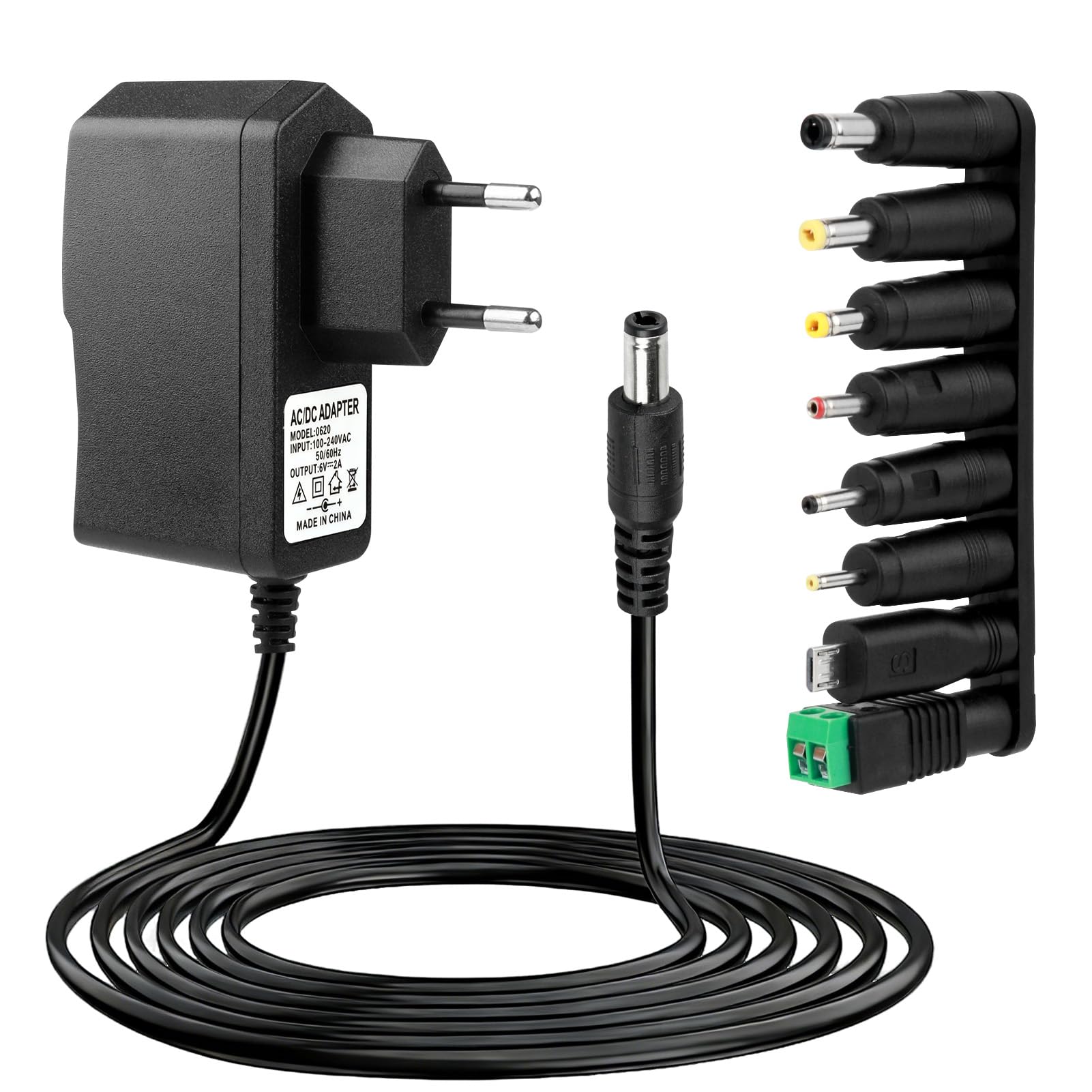 6V 2A Adaptador de Corriente Transformador AC DC con 8 Conectores Fuente Alimentacion Estable Cargador Alimentador 12W para 500mA 1000mA 1500mA 2000mA Tensiómetro LED Cámara CCTV Router Juguete