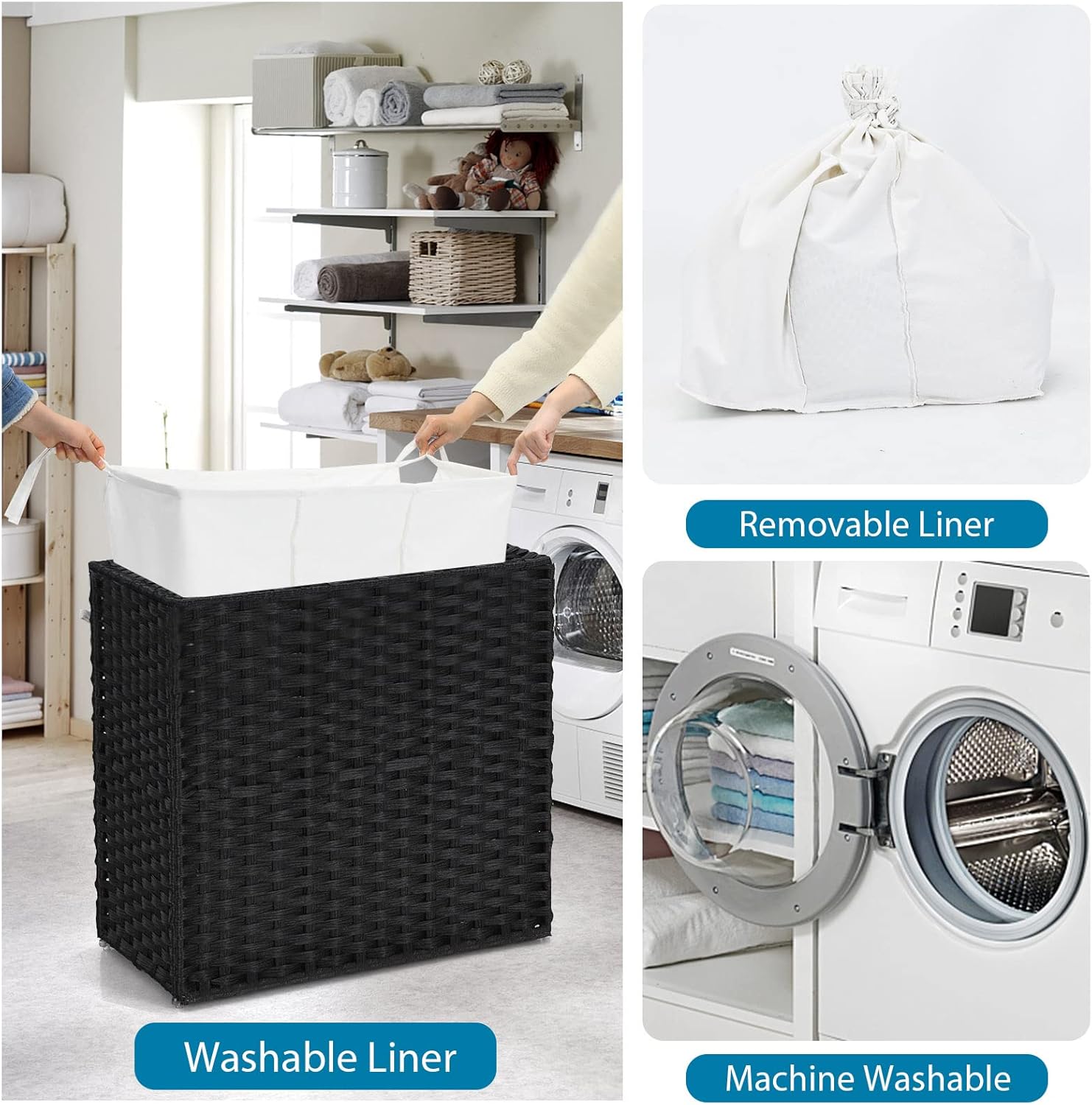 GOFLAME Laundry Hamper with Lid and Wheels, 125L Hand Woven Rattan Laundry Basket with 3 Divided Sections, Handles, 2 Removable and Washable Liner Bags, Dirty Clothes Hamper for Bedroom (Black)