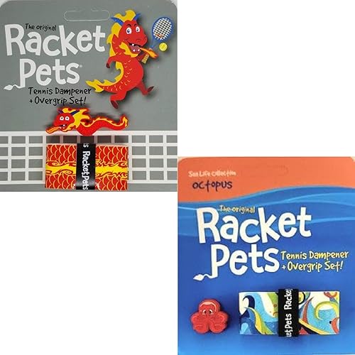 Racket Pets Amortiguador de raqueta de tenis para niños y cinta de sobreagarre a juego, dragón y pulpo