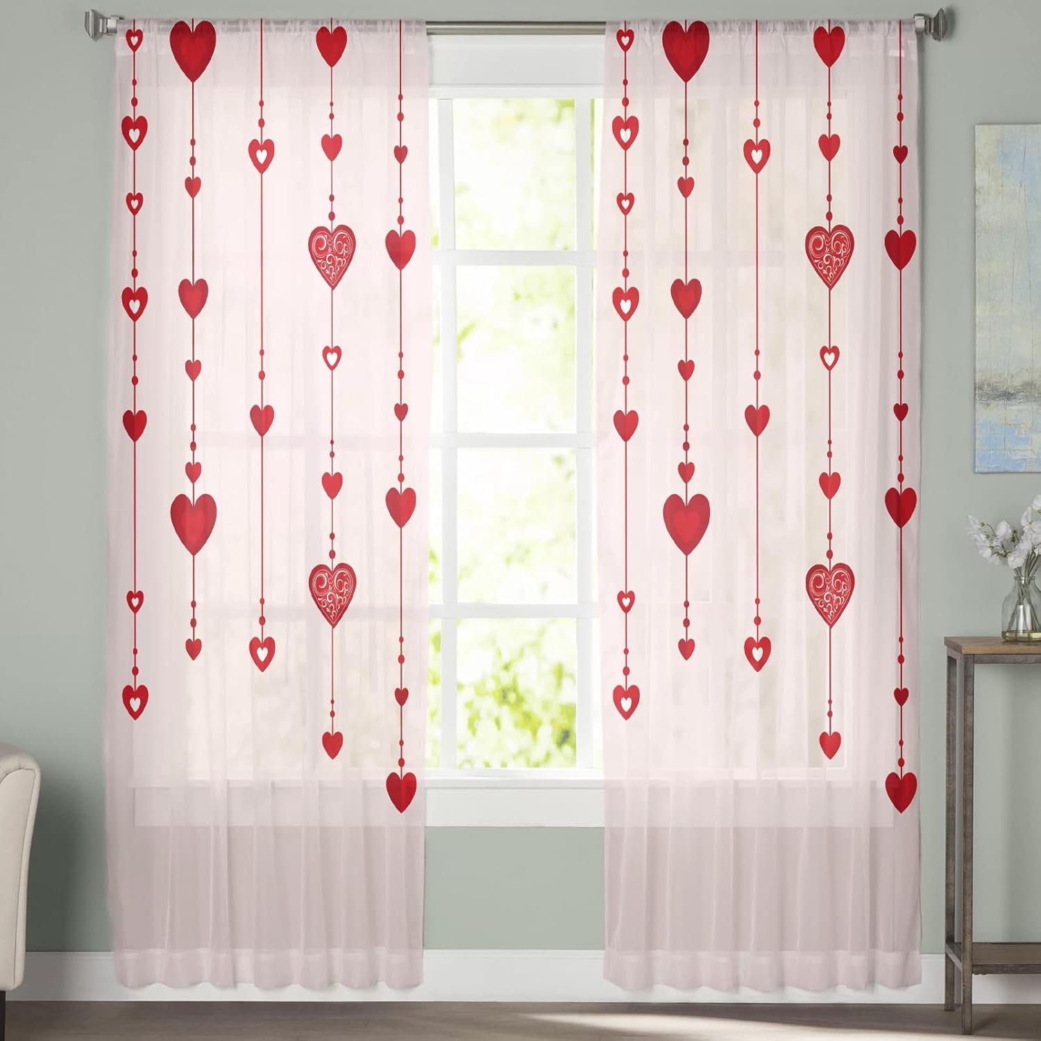 Valentine's Day Sheer Curtains 96 Inches Long Valentine's Day Love Hearts Light Pink Curtains Rod Pocket Semi Sheer Panels Polyester Living Room Curtains Window Treatment, 2 Panels, 52x96 Inch