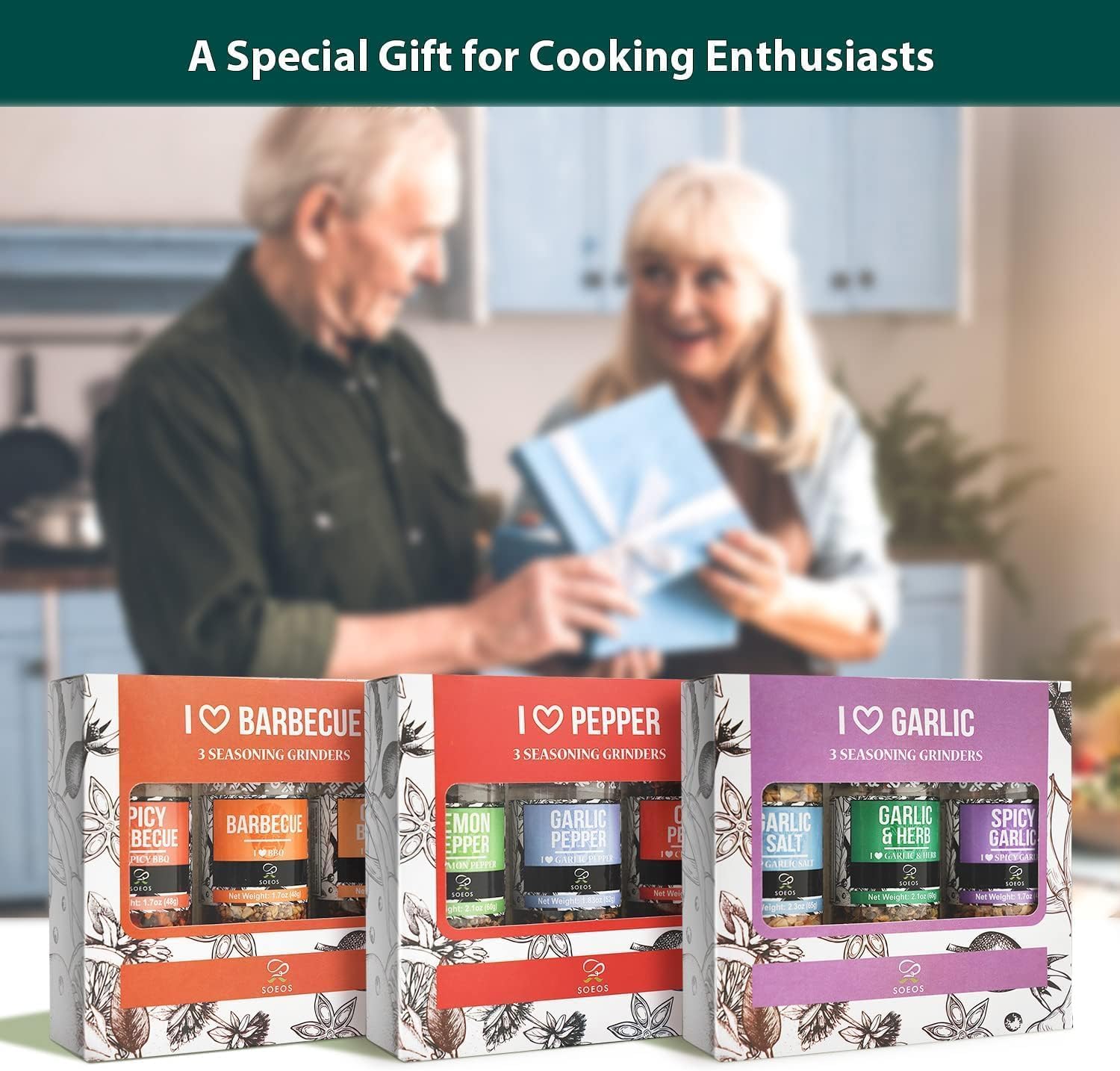 Soeos Spice Seasoning Set of 9 with Integrated Grinders, Individual Spice Grinder, Pure and Fresh Perfect for BBQ Seasoning Gift Set