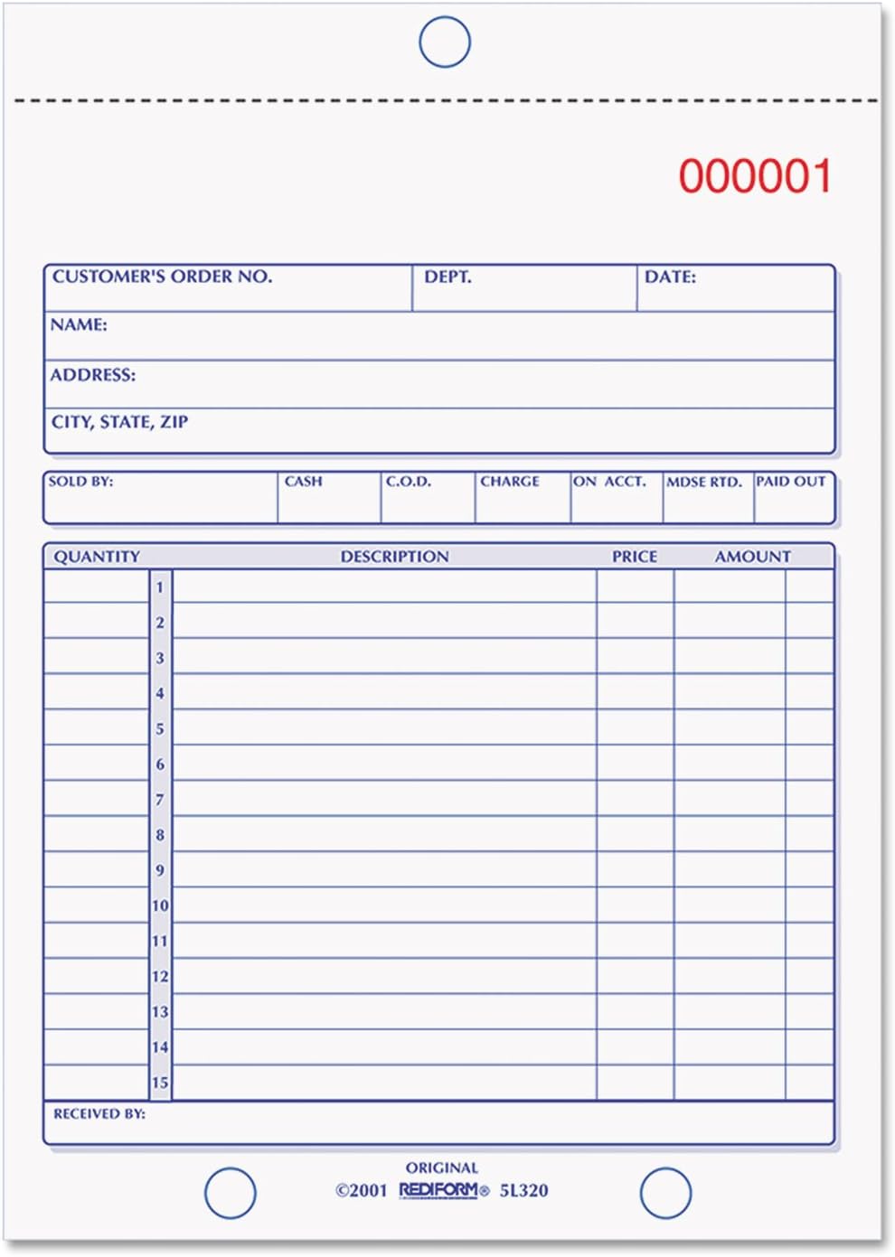 5L320 Sales Book 5 1/2 x 7 7/8 Carbonless Duplicate 50 Sets/Book