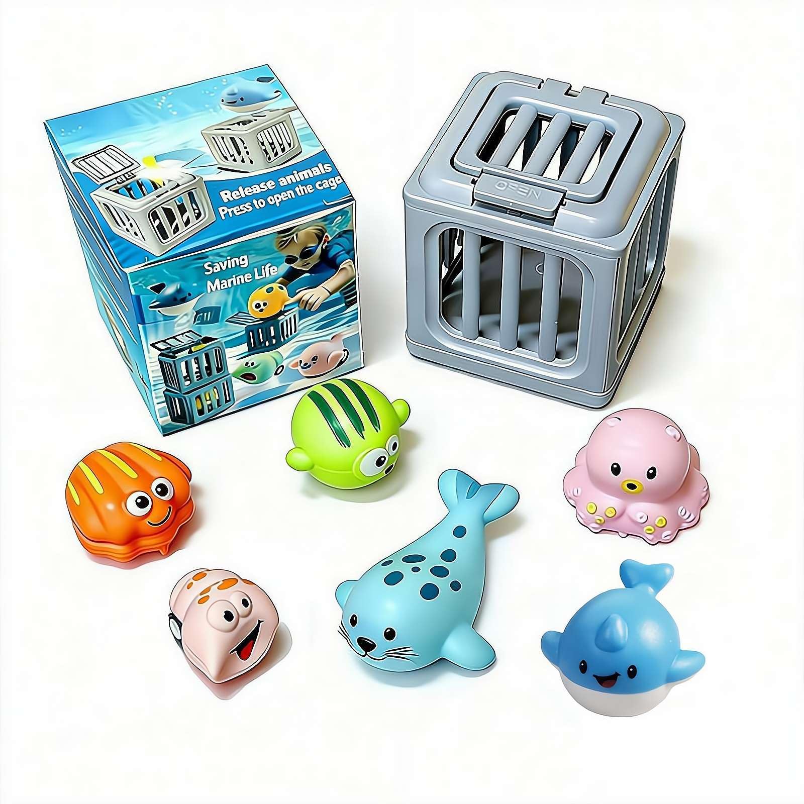 Underwater Dive Rescue Toys Pool Diving Game Set with 6 Ocean Animals & Dive Cages Floating Sinkies for Kids Swim Training Summer Bath Toys for Boys Girls Beach Water Treasure Chest Party Gift