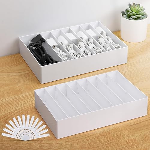 Caja organizadora de cables grande de 2 piezas con lazos de alambre, caja organizadora de cargador de plástico con 8 compartimentos, caja