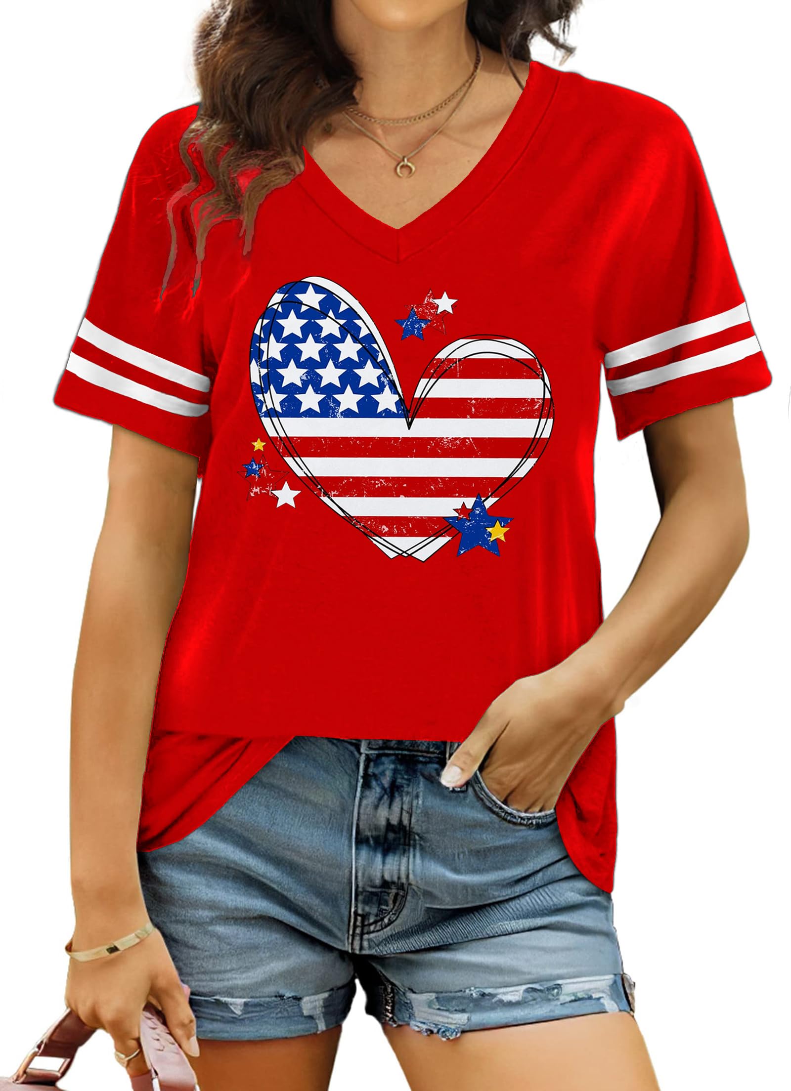 LHBNK Women's American Flag V-Neck T-Shirt - Patriotic 4th Of July Top, Short Sleeve Graphic Tee, White, Medium - View #5