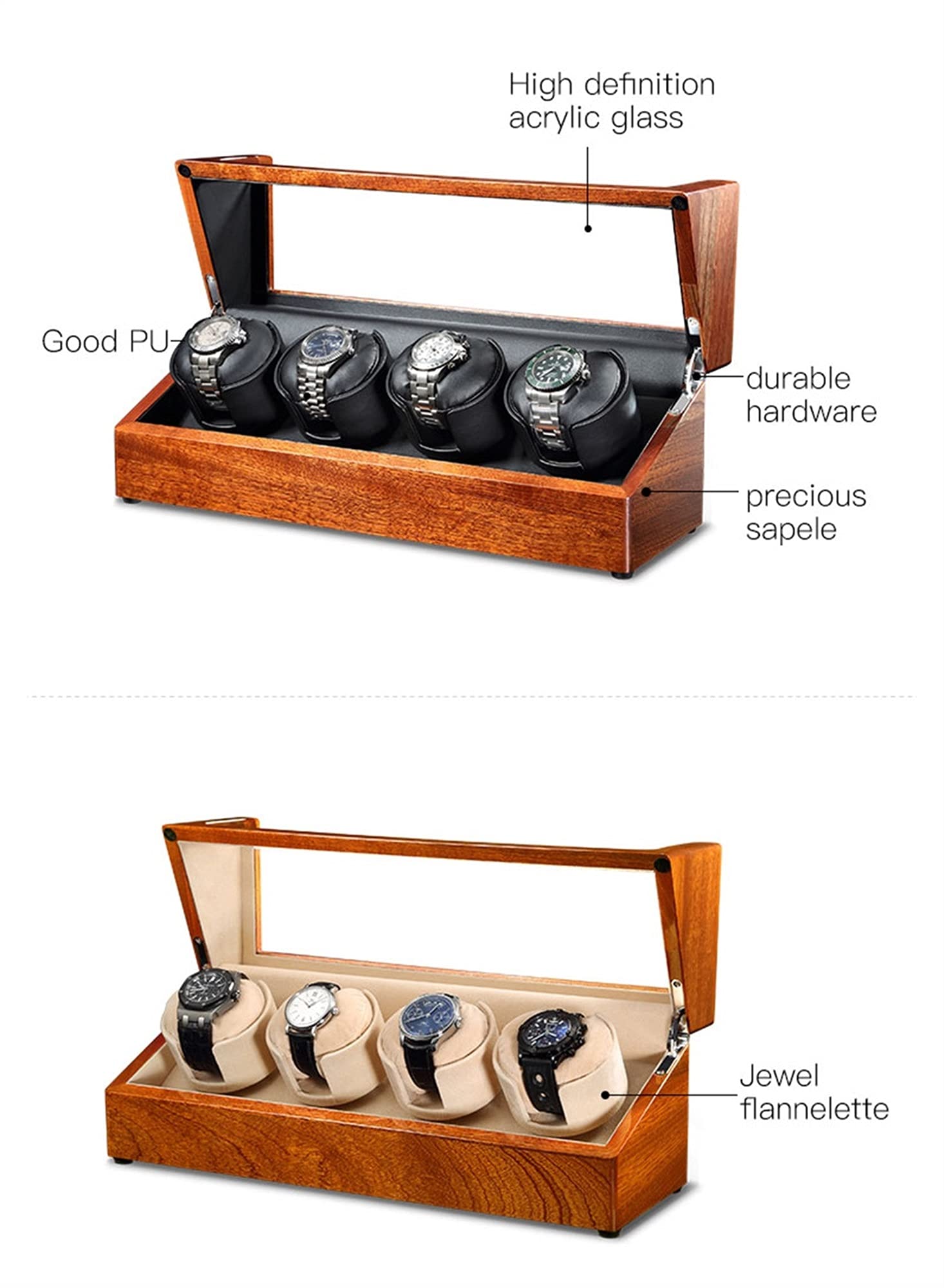 Uhrenaufbewahrungsbox aus Holz mit weichem, flexiblem Uhrenkissen, 4 Aufbewahrungsplätze für Automatikuhren, Beige-4+0, Schwarz-4+0, Schwarz-4+0，Black-4+0