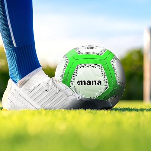 Miniatura 9 de Mana Maestro Balón de fútbol tamaño 5, tamaño y peso oficiales, pelota de fútbol híbrida para adultos verde neón y negro, con costuras impermeables