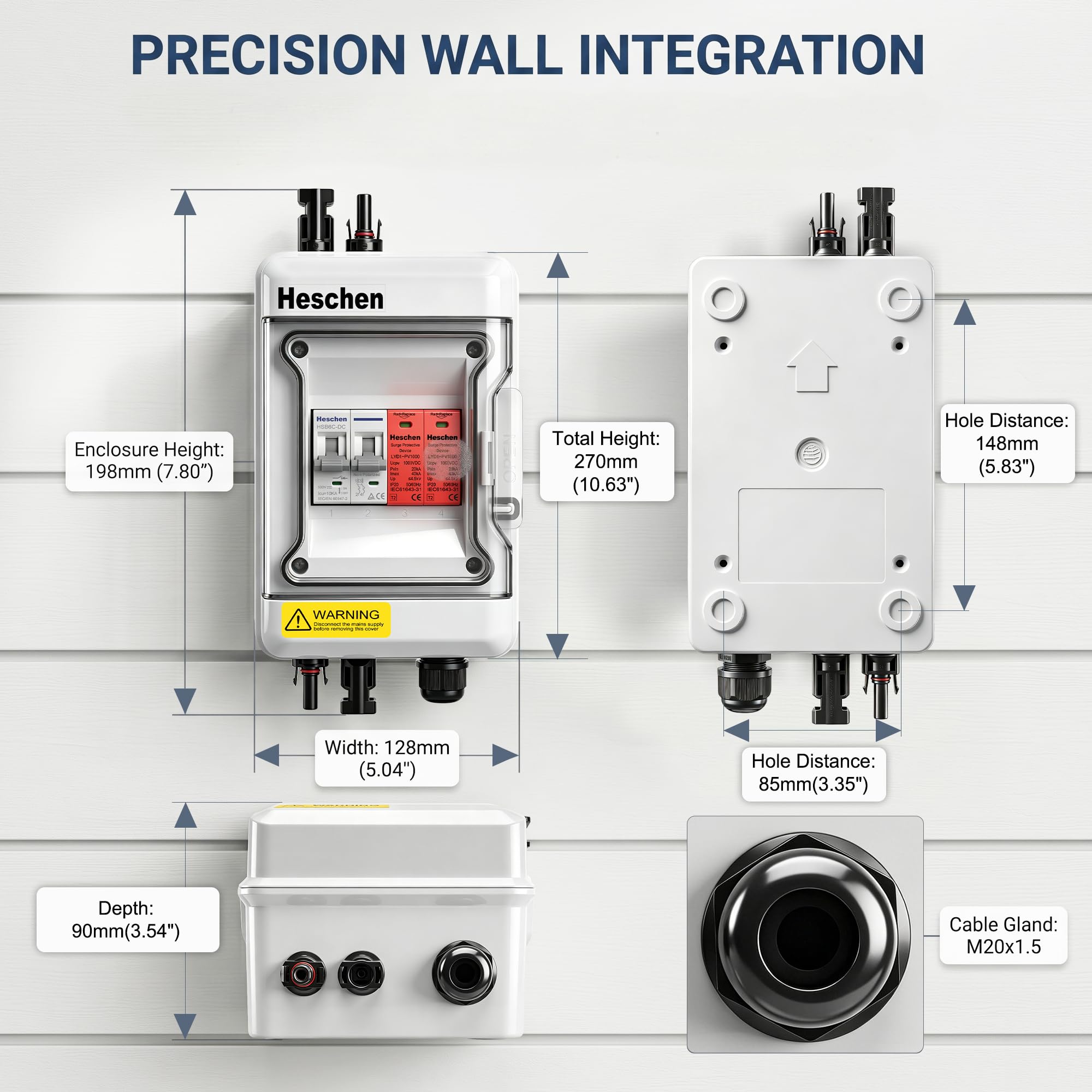 Heschen 1-strunowy PV Combiner Box 500 V DC, gotowa do podłączenia skrzynka przyłączeniowa fotowoltaiczna z wtyczką MC4, 1 x bezpiecznik 32 A i ochrona przed przepięciem 1000 V 40 kA, IP65, CE TÜV