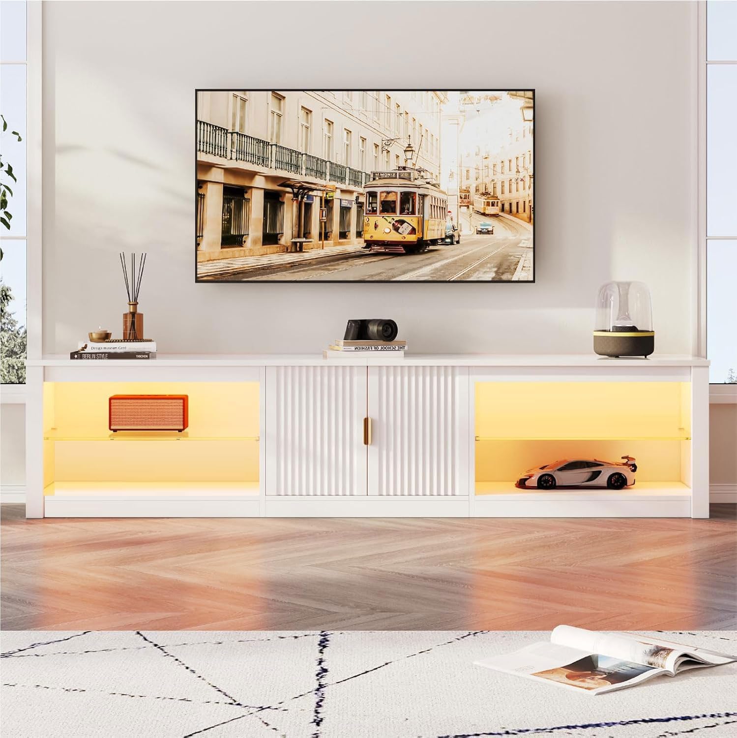 Bestier 80 Inch TV Stand for 75/85/86 inch TVs, Modern LED Entertainment Center with Fluted Storage Cabinet & Adjustable Shelves, High Gloss TV Console Table for Living Room Bedroom, White Glossy