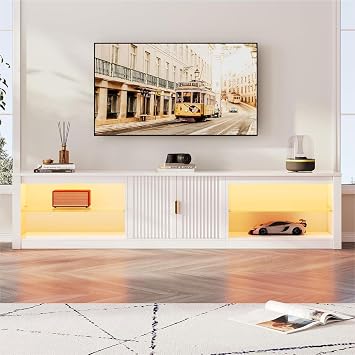 Bestier 80 Inch TV Stand for 75/85/86 inch TVs, Modern LED Entertainment Center with Fluted Storage Cabinet & Adjustable Shelves, High Gloss TV Console Table for Living Room Bedroom, White Glossy