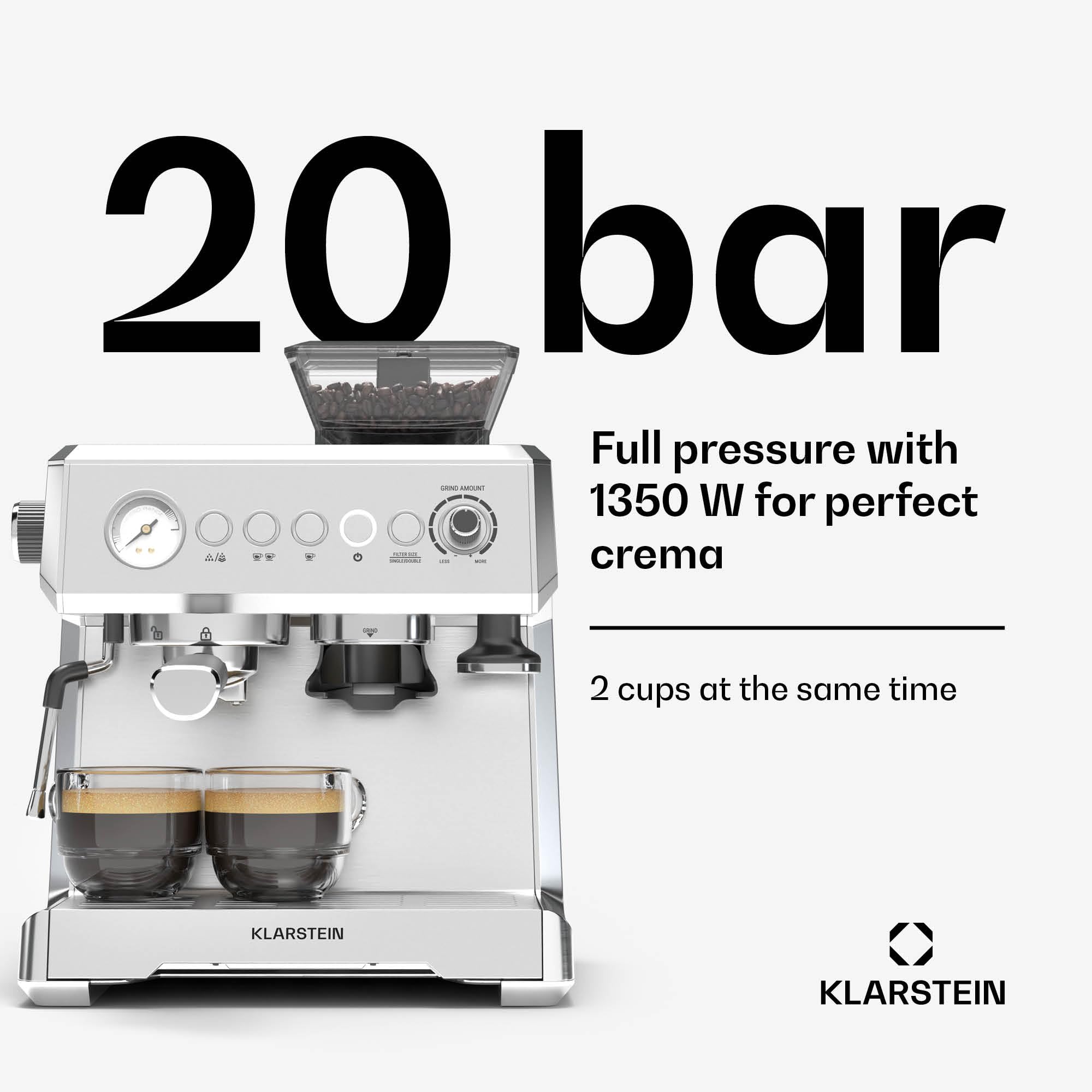 Klarstein GrandPresso Ekspres kolbowy z młynkiem – 20 barów, 1350 W, Zintegrowany precyzyjny młynek, Dysza parowa, Zbiornik 2,3 l, Podgrzewacz filiżanek