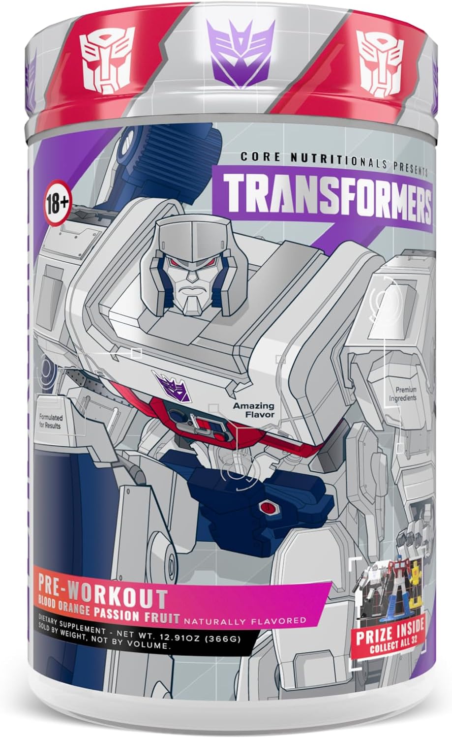 Core Nutritionals Transformers Energon Pre Workout | 300mg Paraxanthine | No Crash Energy & Focus | Free Prize Inside - Megatron | 20 Servings (Blood Orange Passion Fruit)