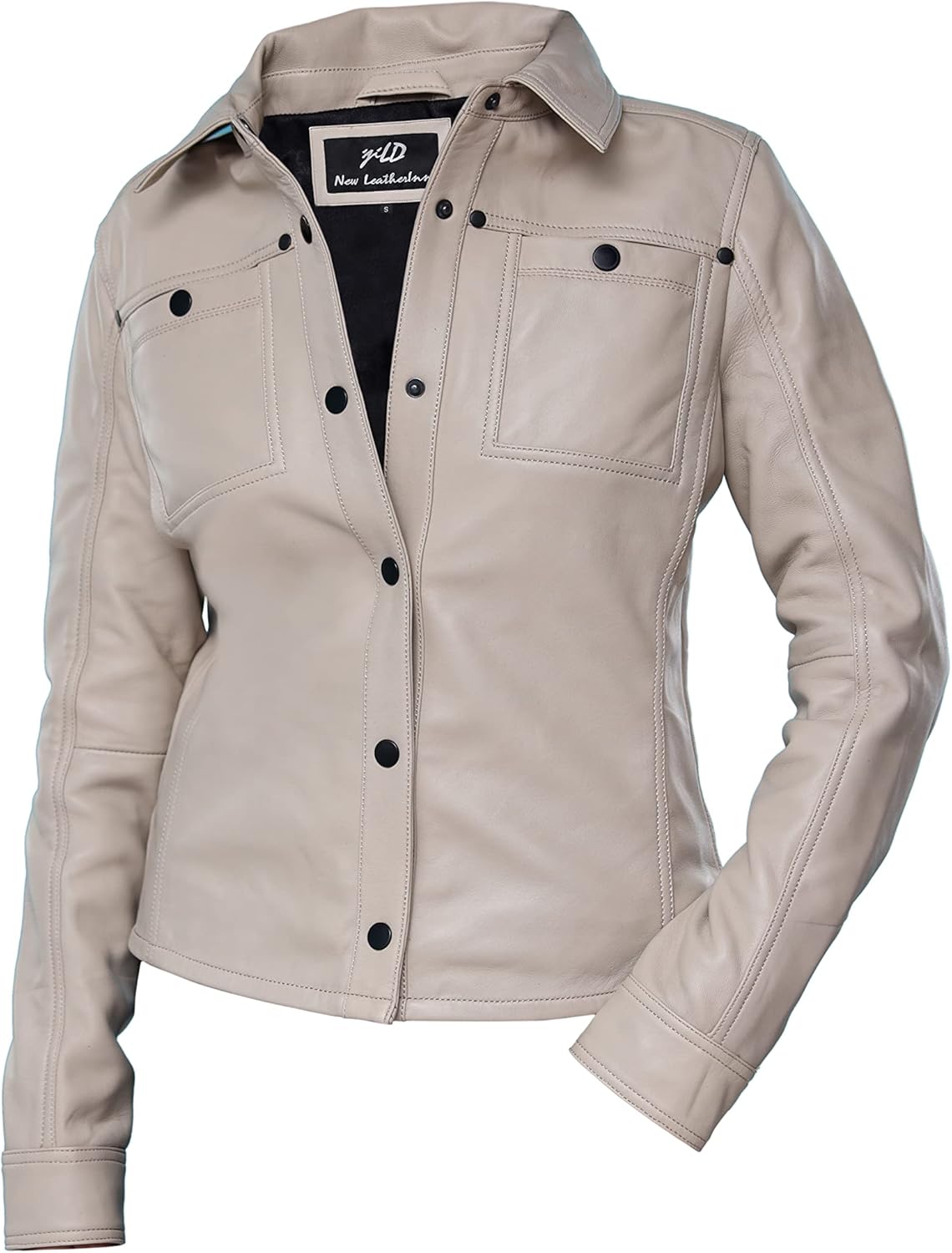 Jild Womens Button Front Lambskin Leather Jacket Shacket - Casual Shirt Long Sleeve Leather Jacket Women with Bust Pocket - Image 2