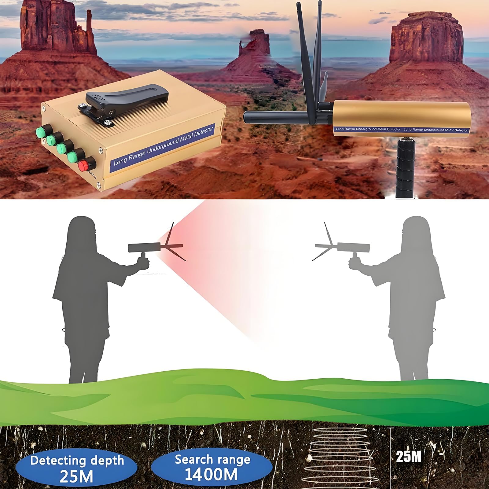 Détecteur de métaux - Portée de 1000 m - Rechargeable avec valise et 3 antennes - Détecte jusqu'à 30 m de profondeur pour l'or, l'argent, le cuivre, les diamants et les pierres précieuses