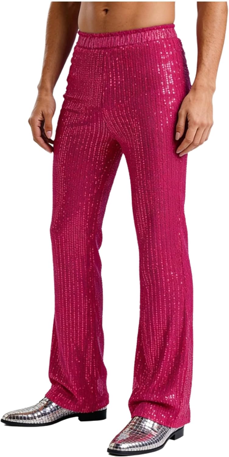 YiZYiF Men's Fully Lined Wide Leg Pants Glittery Sequins High Rise Loose Bling Pants for Raves