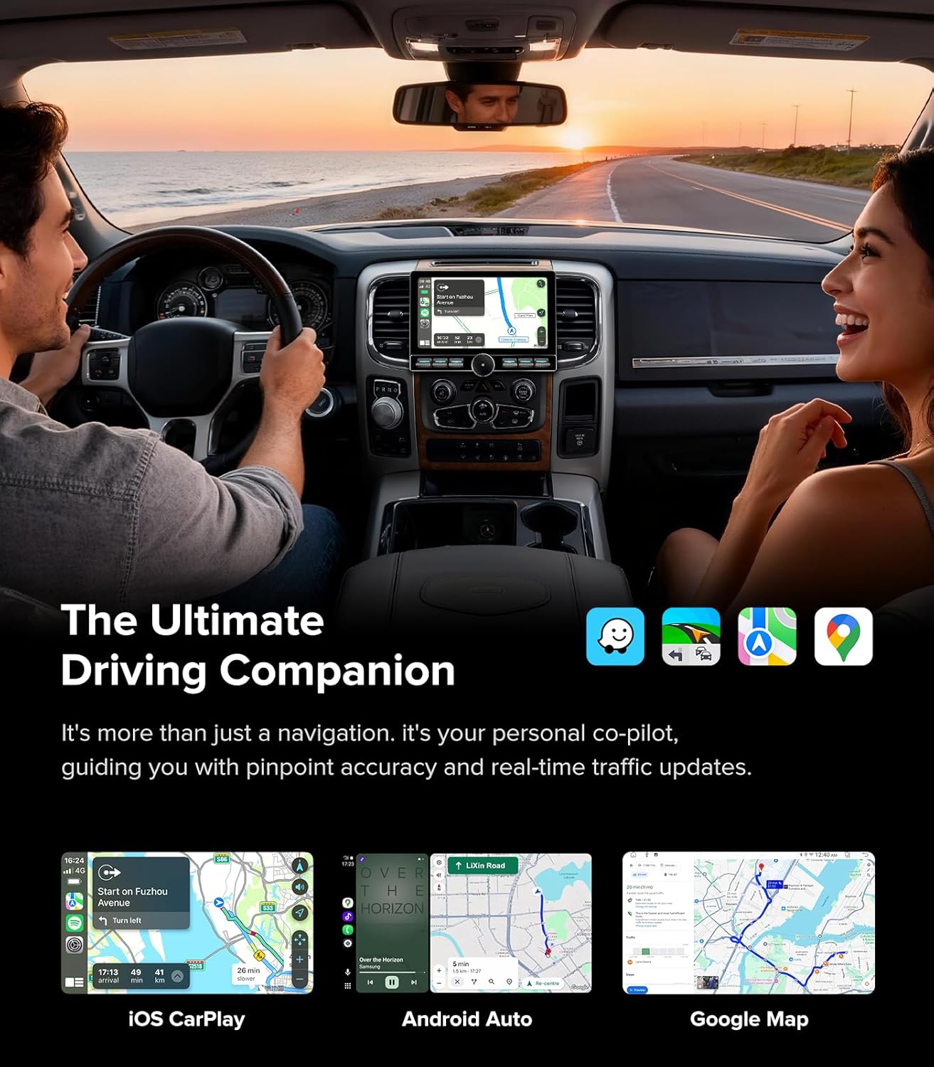 A couple driving, with the car stereo displaying a navigation map via Apple CarPlay, Android Auto, and Google Maps interfaces.