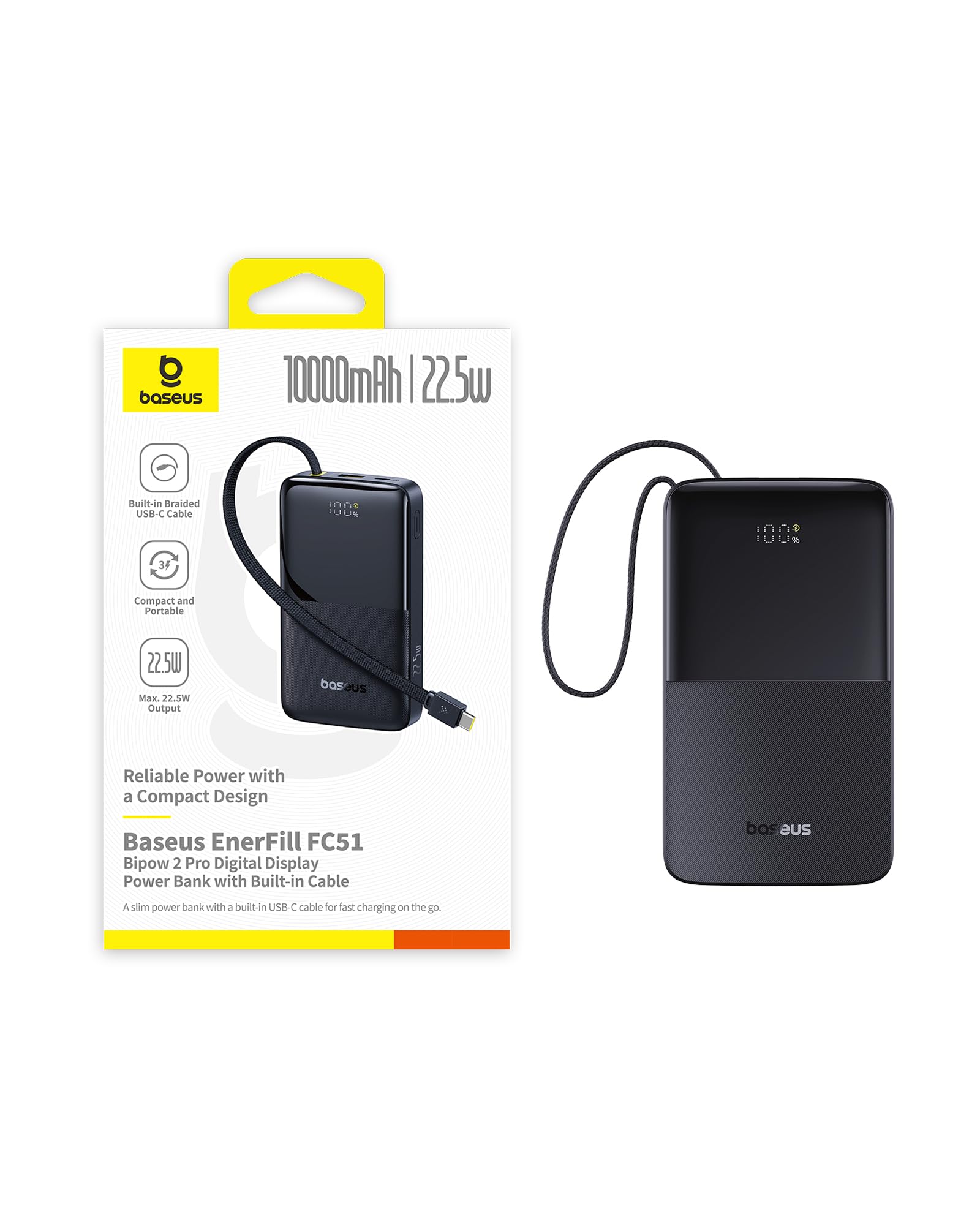 Baseus Portable Charger 22.5W PD 10000mAhFast Charging Power Bank with Built-in USB-C Cable, Compact Battery Pack for iPhone 17/16/15, iPad, Samsung S25/S24