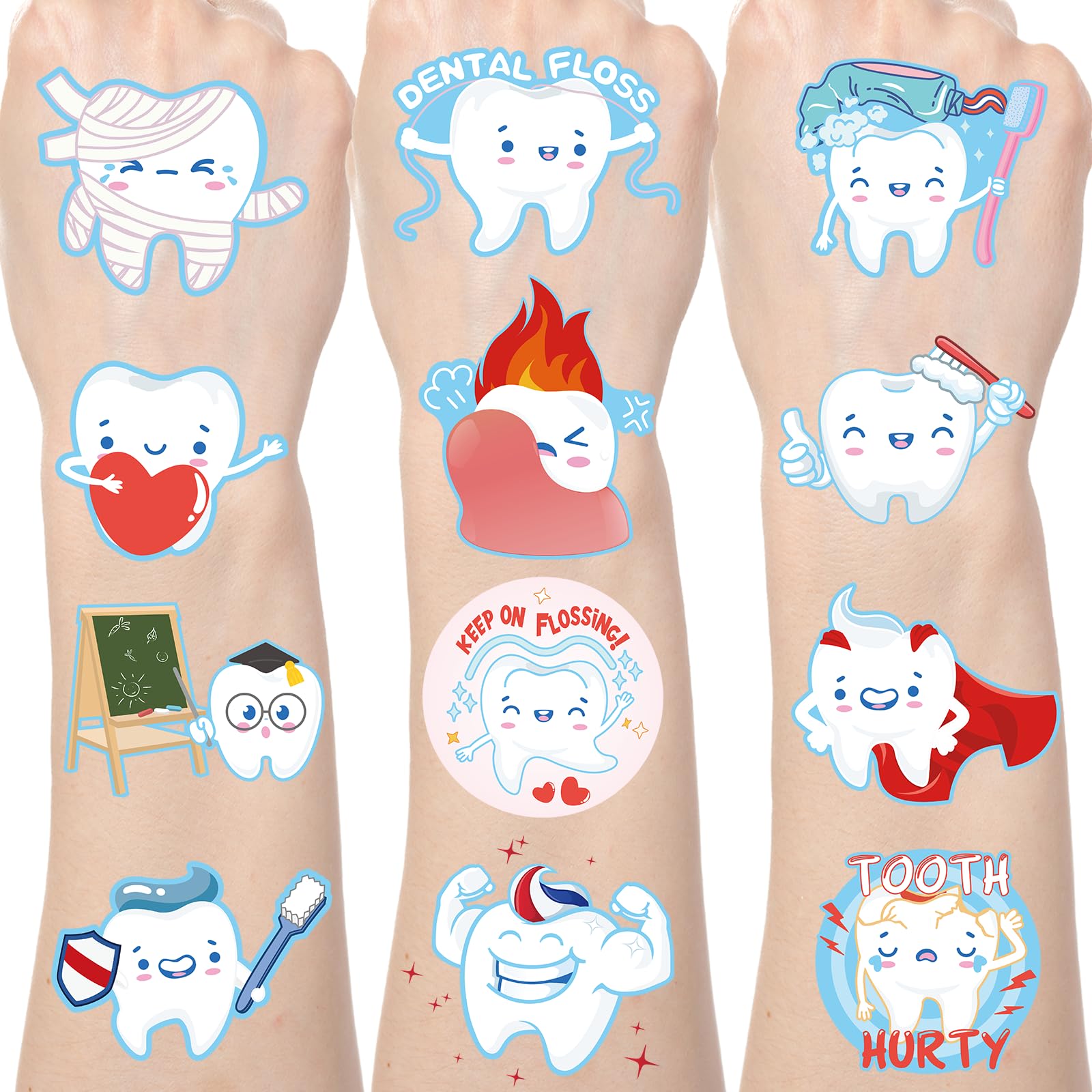 Yoyuspy Tooth Temporary Tattoos Stickers - 200+ Dental Party Favors Cartoon Tooth Tattoos Temporary Realistic Gifts for Kids Cute Stickers Tooth Fairy