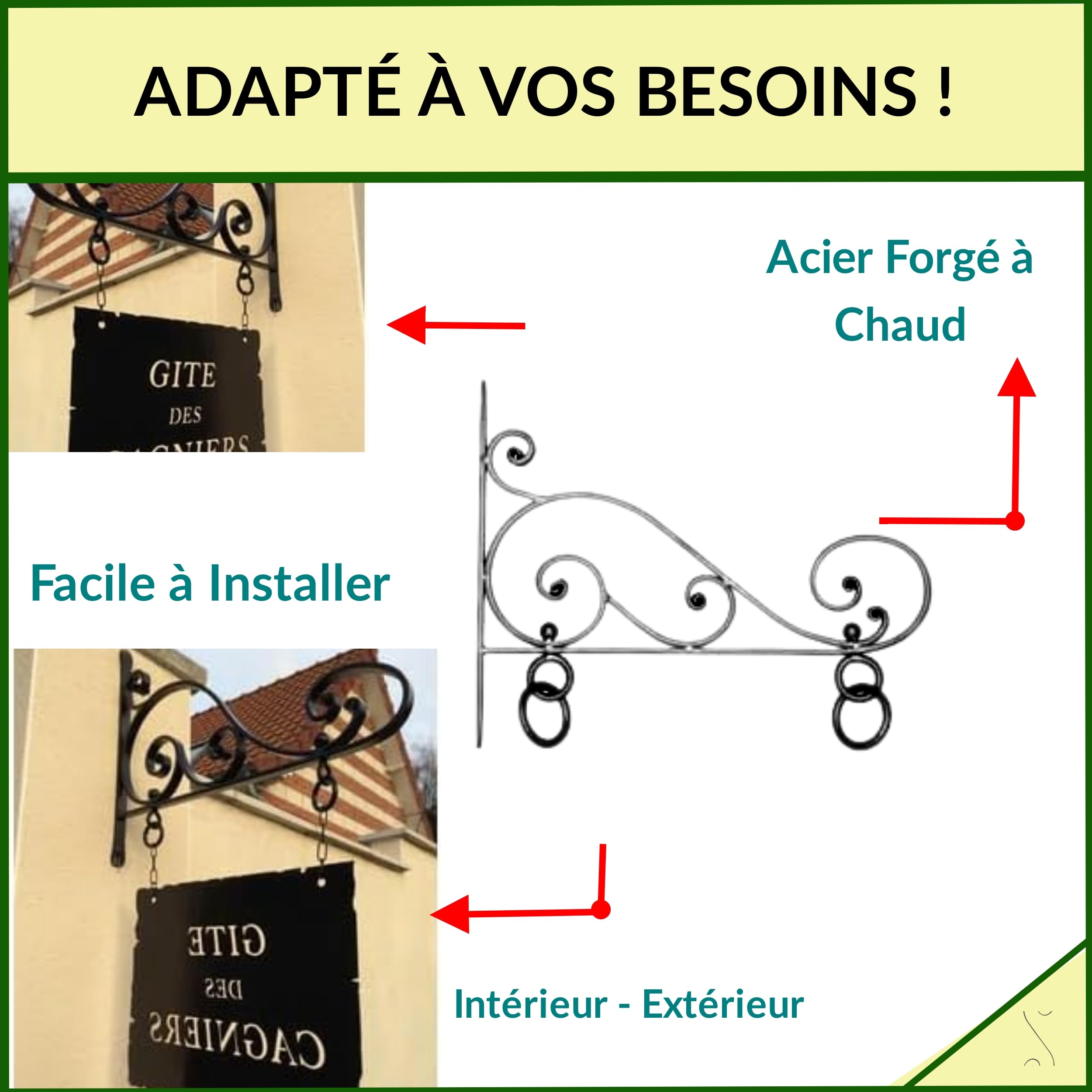 Déco fer Forgé- PORTE ENSEIGNE en Fer Forgé -ACIER DECORATION Durable efficacité Pieces -H 485 x 600 mm En Fer Plat de 20/6 mm -Support Mural Usage Interieur Exterieur Satisfaction Garantie Robuste