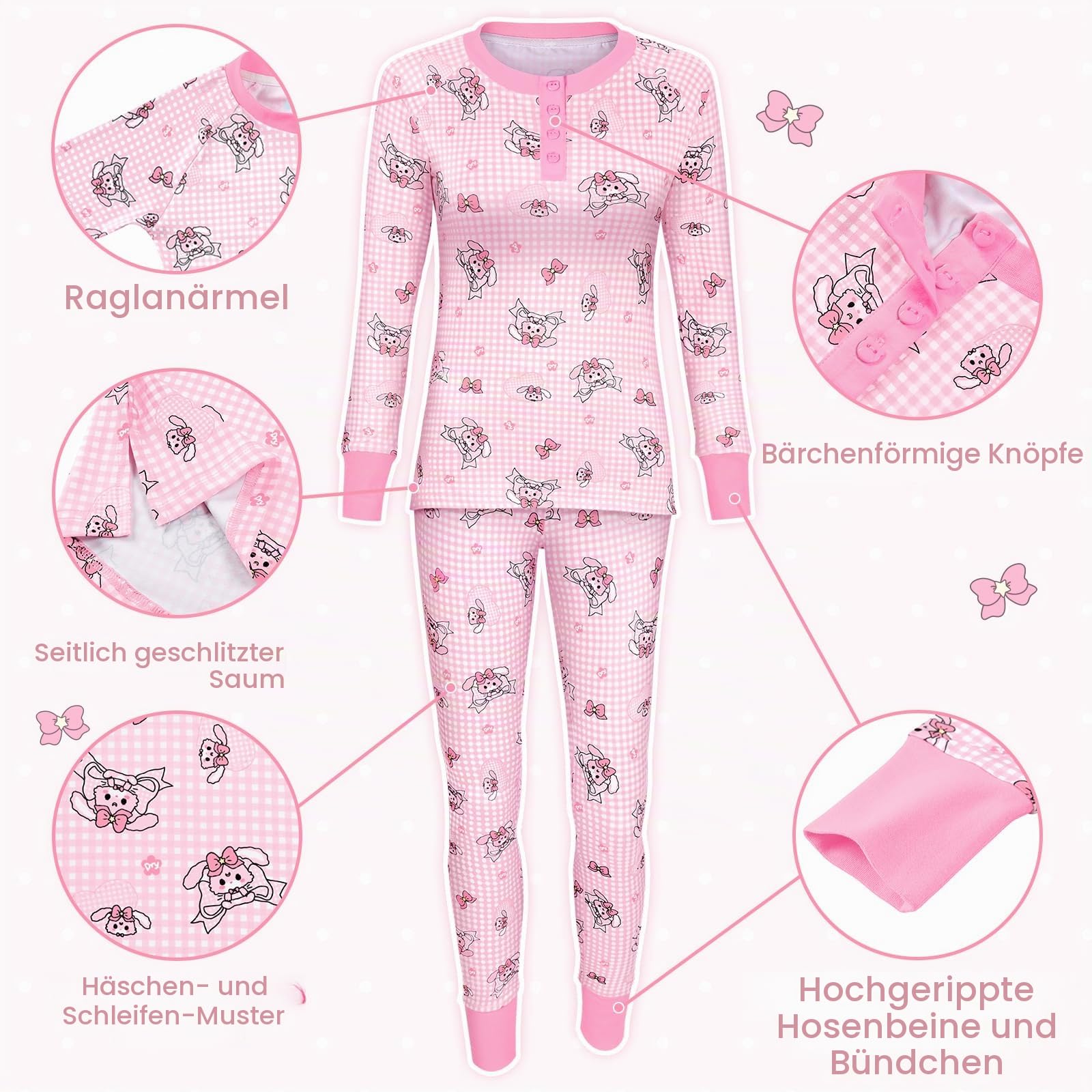 LittleForBig Damen Seidige Lange Ärmel Kuschelig Atmungsaktiv Hasen & Schleifchen Schlafanzug Set Zweiteilig Weich Stretchy Nachtwäsche
