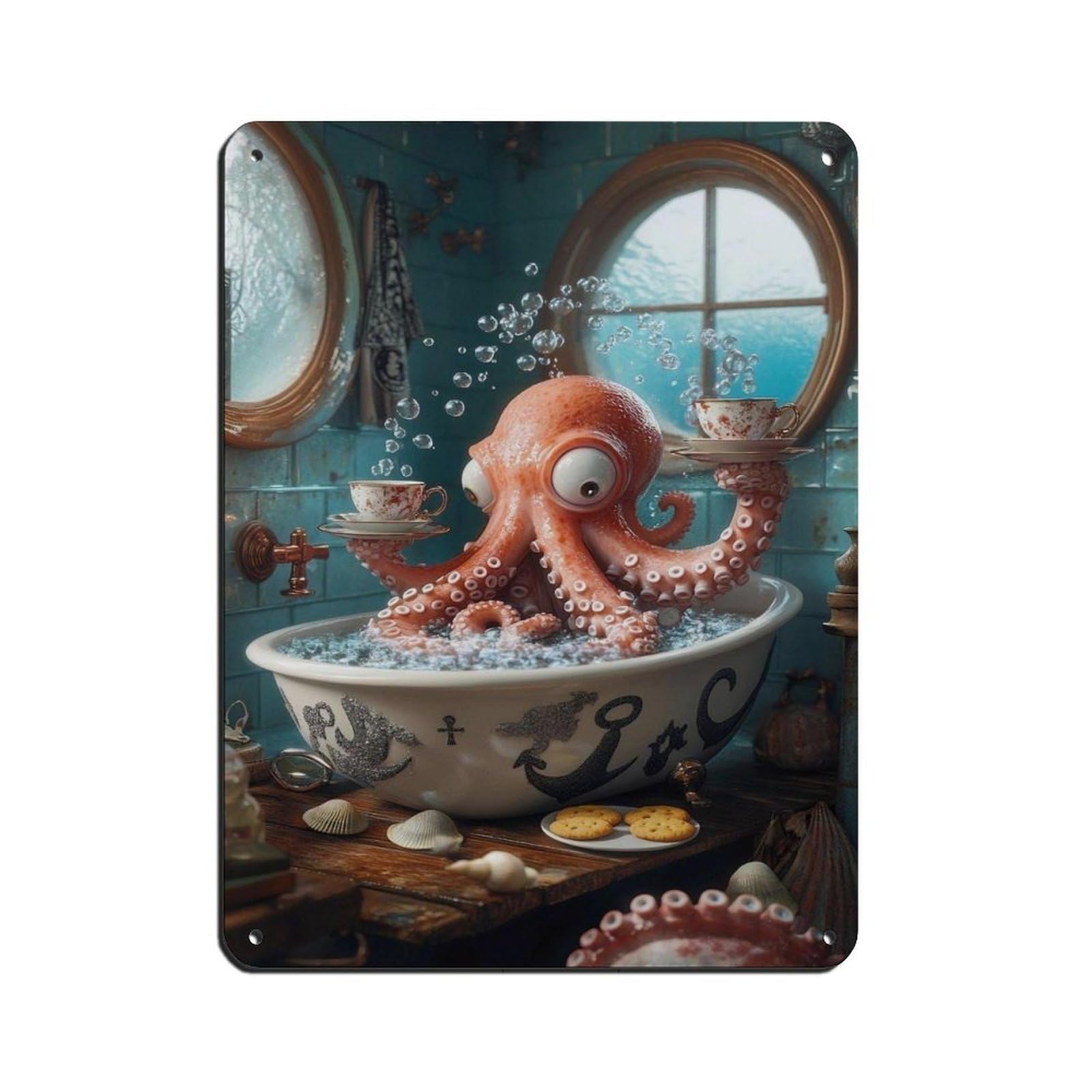Quirky Octopus Bathroom Art Retro Poster Metal Tin Sign Chic Art Retro Iron Painting Bar People Cave Cafe Family Garage Poster Wall Decoration 12x16inch(30x40cm)