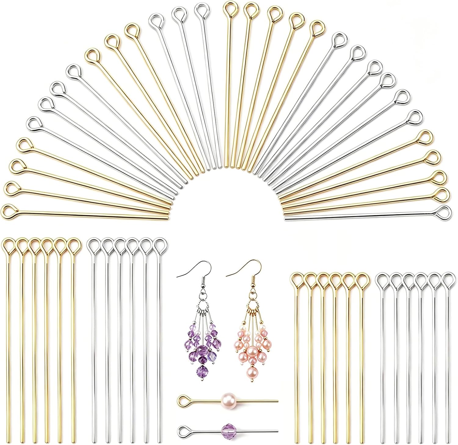 800 Pcs Eye Pins with 2mm Loop, 2 Size Easy Bend Eyepins for Jewelry Making, Stainless Steel Eye Pin for DIY Earrings Necklaces Bracelets