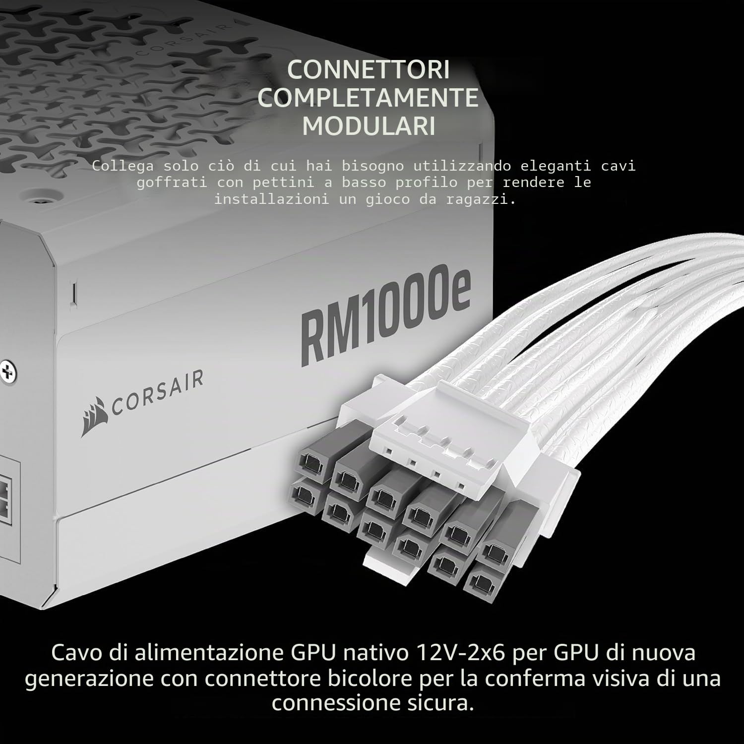 CORSAIR RM1000e (2025) Alimentatore ATX completamente modulare a basso rumore con cavo 12V-2x6 - Conforme ATX 3.1 e PCIe 5.1, efficienza Cybenetics Gold, condensatori classificati 105 ° C, modalità