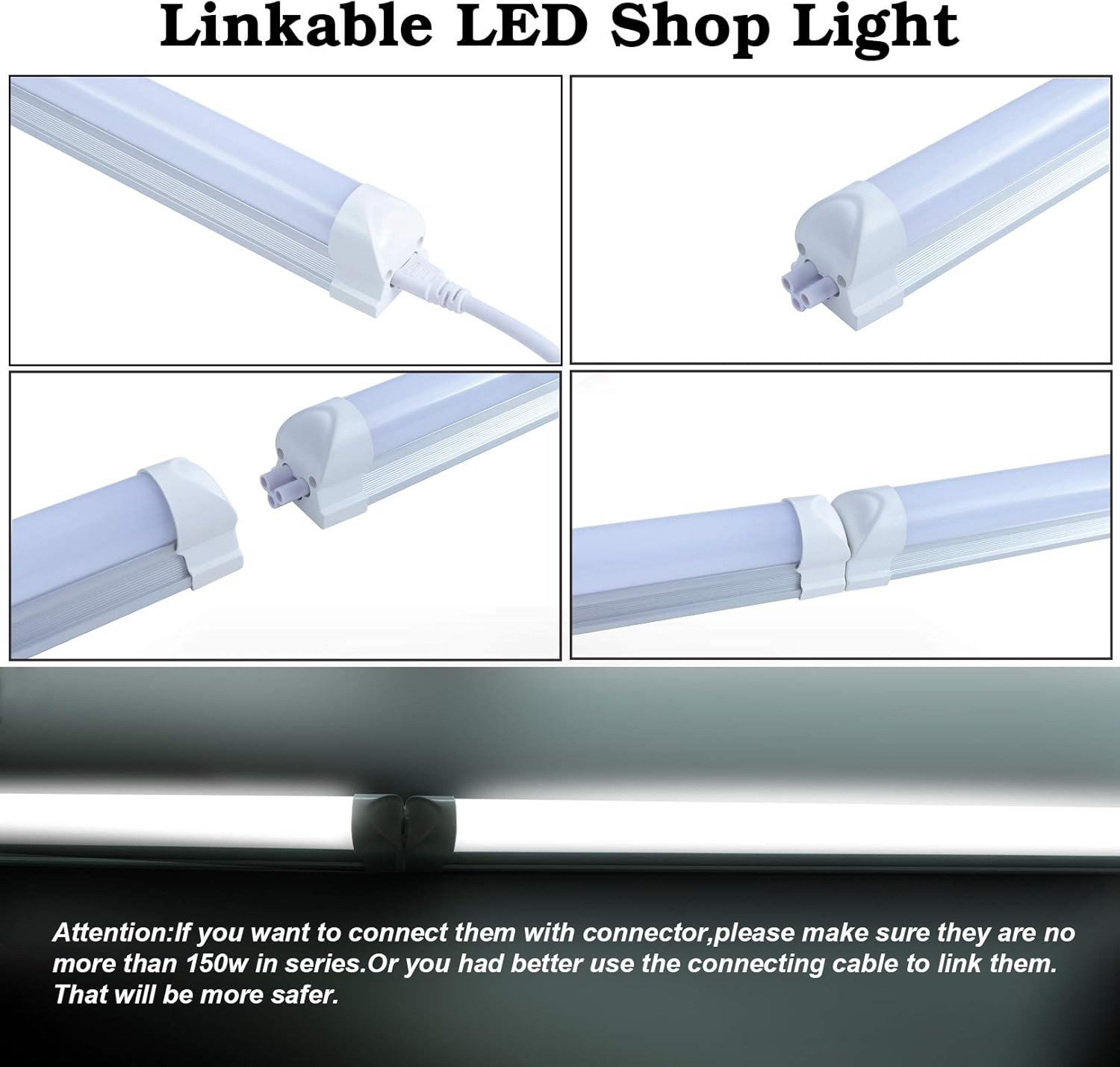 Instructions for linking multiple T8 LED shop lights, showing direct connectors and connecting cables.