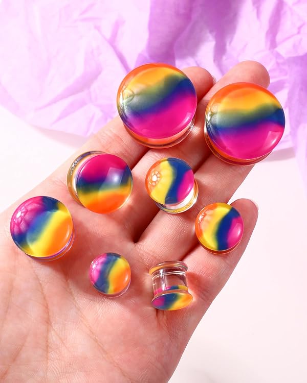 Jewseen 2PCS 0G-1'' Ear Gauges Plugs Flexible Double Flared Rainbow Colorful Ear Tunnels Expander Stretchers Gauges for Women Plugs Piercing Jewelry 1'' by Jewseen - Used condition - Image 3
