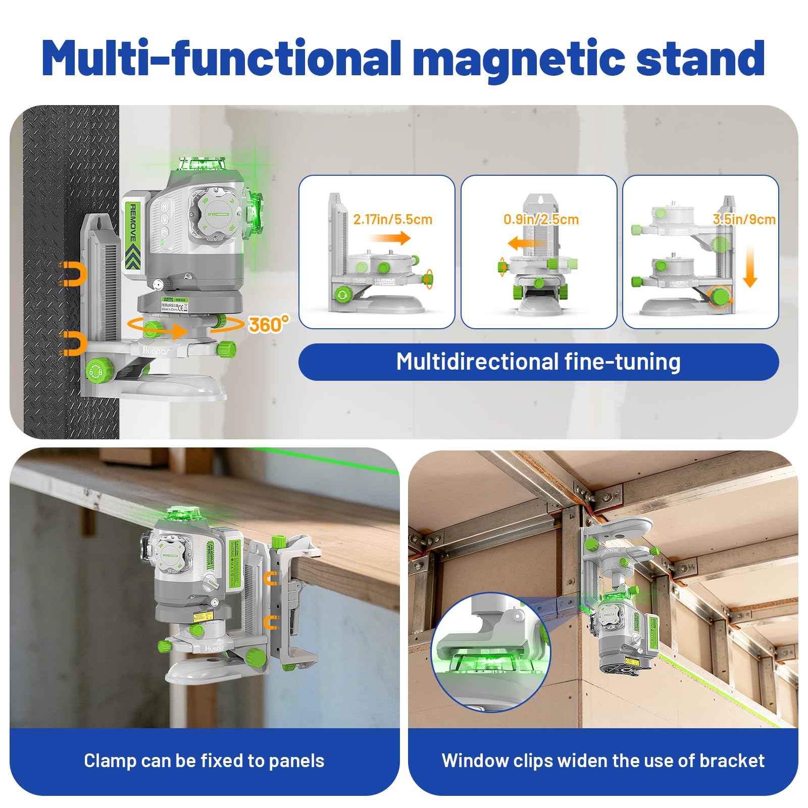 Huepar Pro Niveau Laser 3 * 360 Autonivelant avec Télécommande GS03CG | Alignement à Pivot Fixe, Précision ±2 mm, Autonomie 8 Heures, Support Magnétique Multifonction, Boîte de Rangement de Qualité