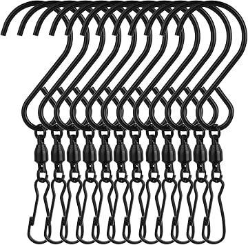 KUUQA 12 Pack Swivel Hooks Clips Wind Spinner S Hook Clips Hanging Wind Chimes Crystal Twisters Party Supplies Black