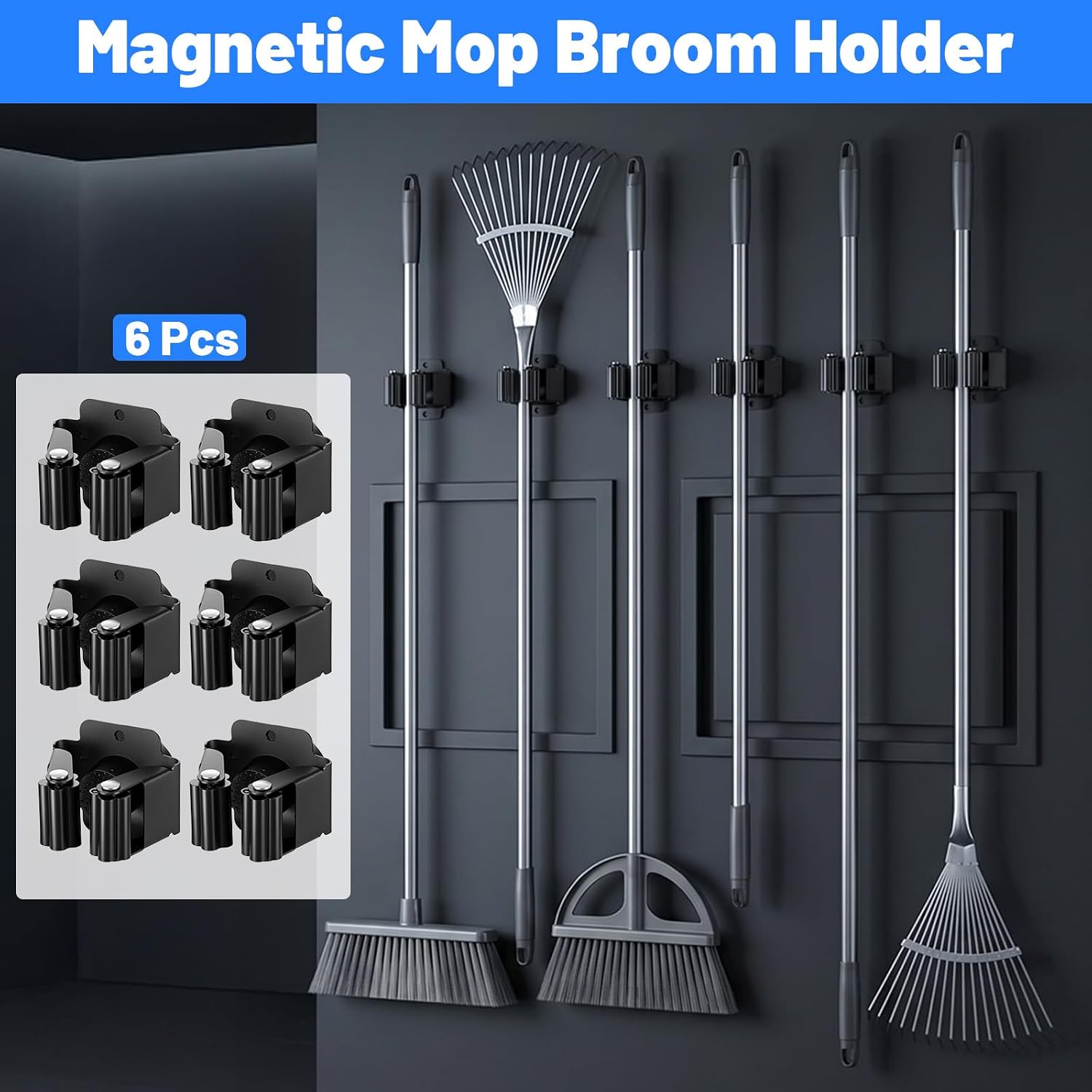 6PCS Magnetic Broom Holder Heavy Duty, Wall Mounted Mop Broom Holder Rack | Strong Magnet Base, Anti-Slip Movable Organizer for Garage, Kitchen, Laundry, Garden Tools, Black (1.7 Inch Diameter)