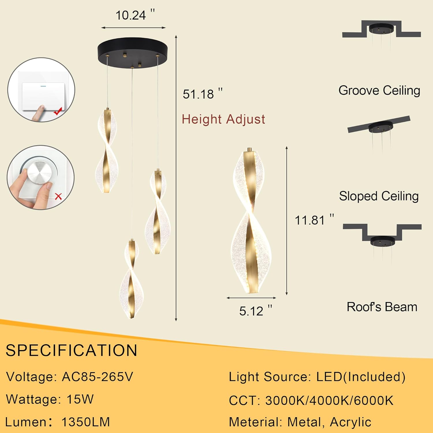 3 Light Modern LED Pendant Lights Kitchen Island, Dimmable Chandelier, Remote and App Control, 3000K-6000K Gold Acrylic Lighting for Dining Room Living Room