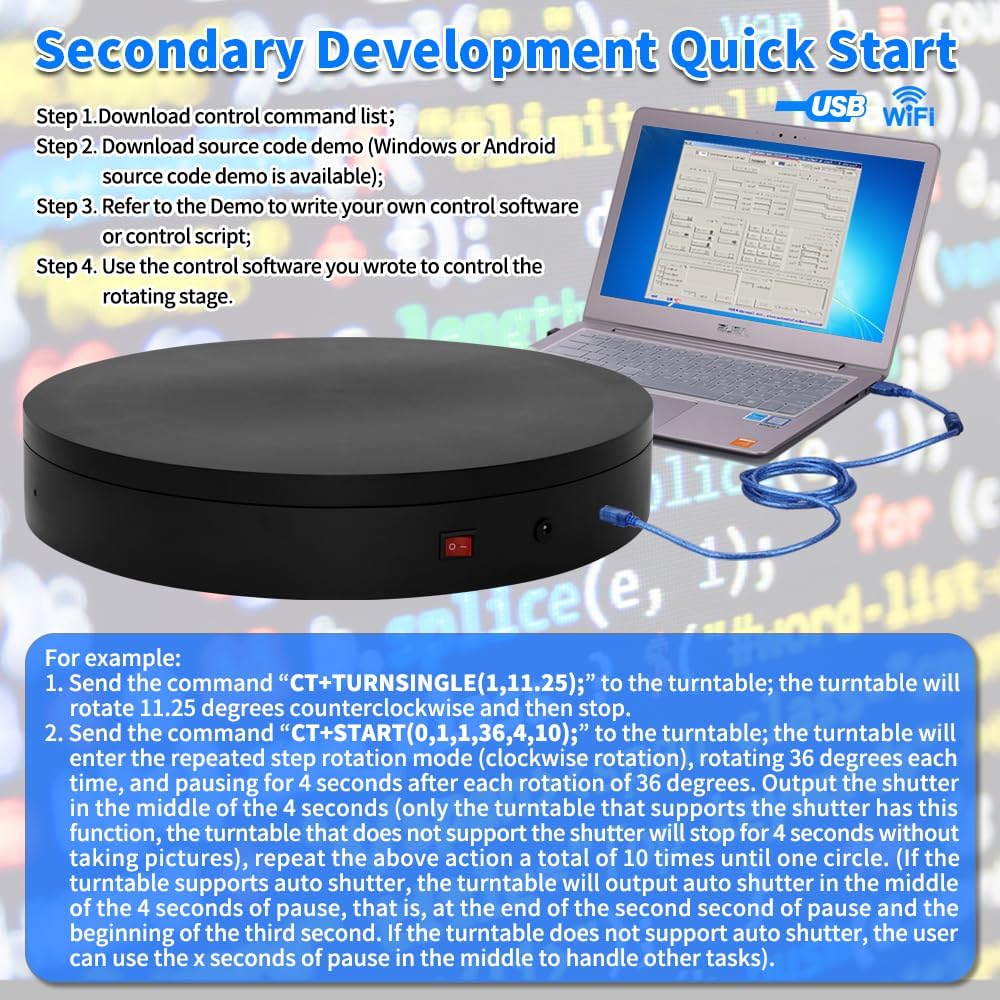 Programmable Motorized Electric Turntable Command-Controlled Rotating Platform Photography Turntable Secondary Development Motorized Electric Lazy Susan for 3D Scaner or Display with USB/Wi-Fi
