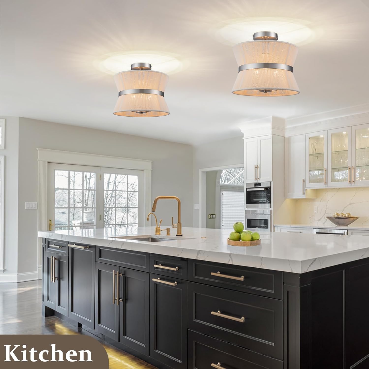 Brushed Nickel Semi Flush Mount Ceiling Light Fixture 12.6” Modern Drum Bedroom Ceiling Lighting 3-Light Beige Close to Ceiling Lamp for Kitchen Living Dining Room Hallway Bathroom Entryway Foyer