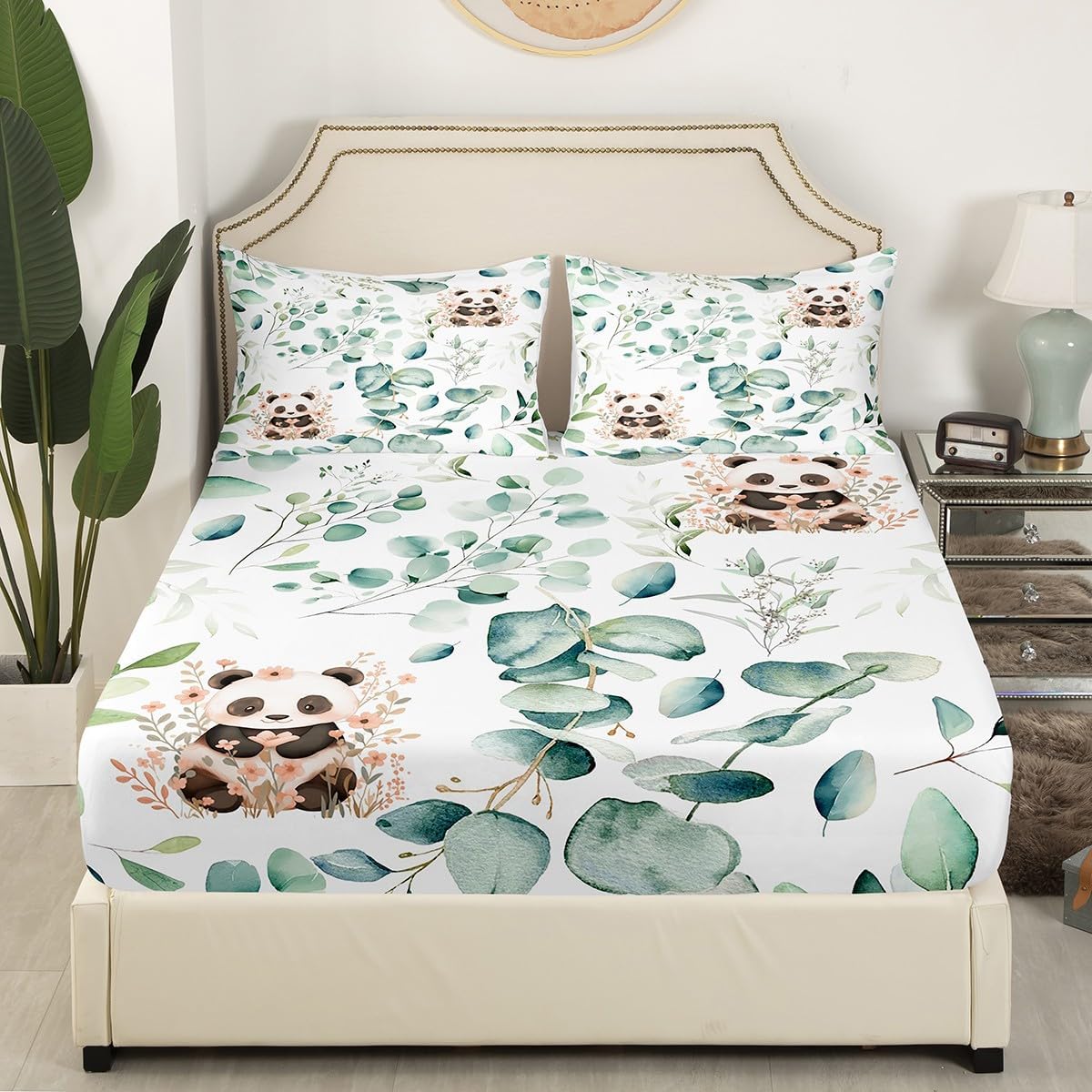 Erosebridal Cartoon Panda Bed Sheets Set Toddler Woodland Wildlife Animal Sheet Set, Eucalyptus Leaf Bedding Full Size Pink Floral Flower Sheets, Jungle Bear Bedding Set Kids Room Decor
