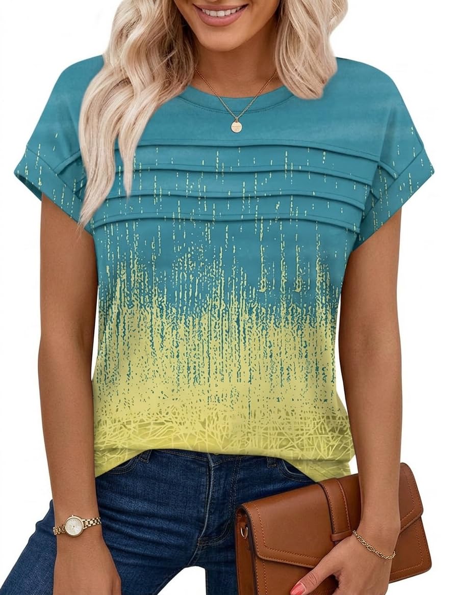 Chicrise Tshirts Women UK Cap Sleeve Crew Neck Pleated Vest Tops Basic Solid Color Loose Blouses Yellow Blue Graffiti X Large 20-22
