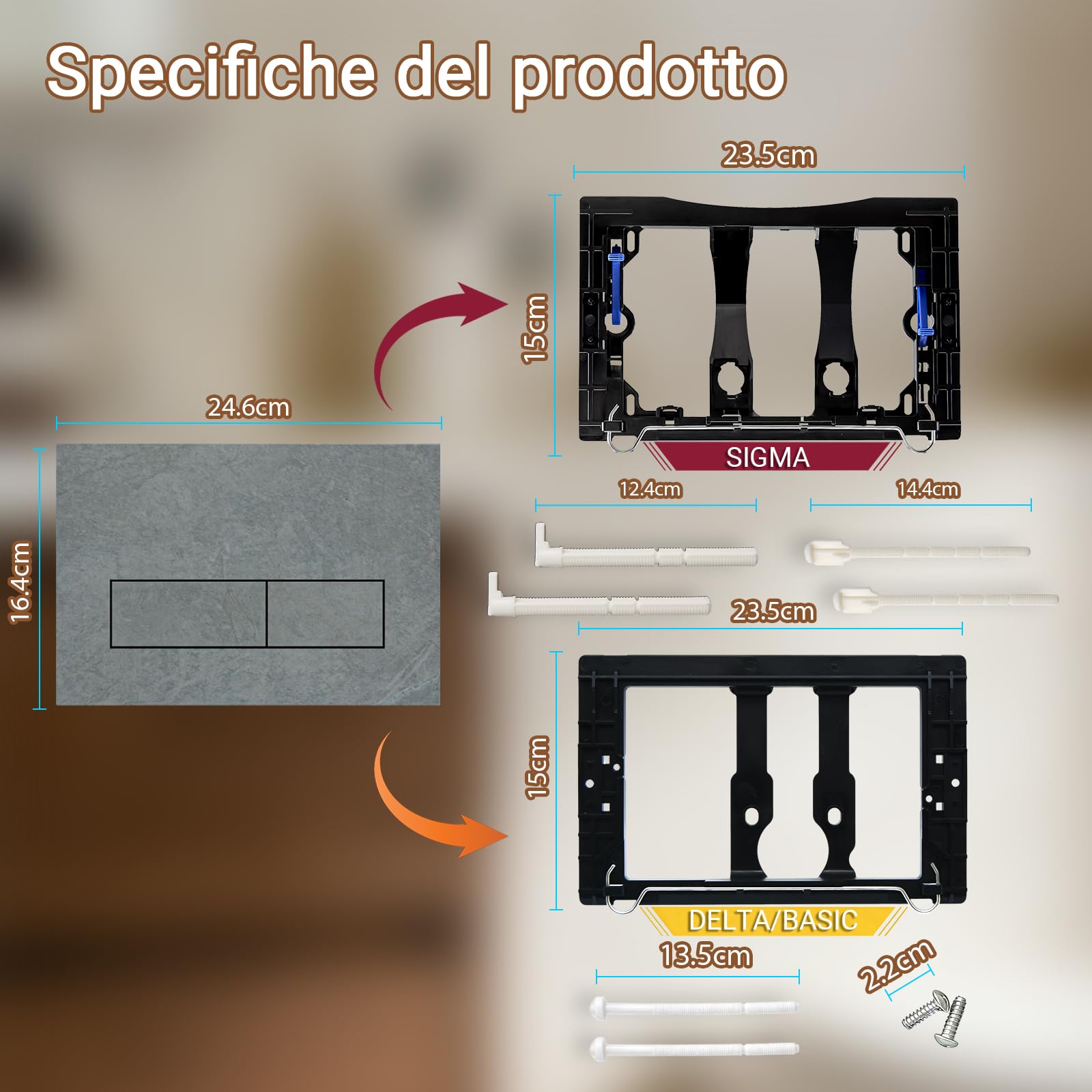 Placca di Comando WC Compatibile con Geberit Duofix Sigma, Delta e Basic, Ricambio con Set di Barre di Spinta e Telaio di Montaggio per UP300 & UP320, 245 x 164 mm(Grigio chiaro-Y8)