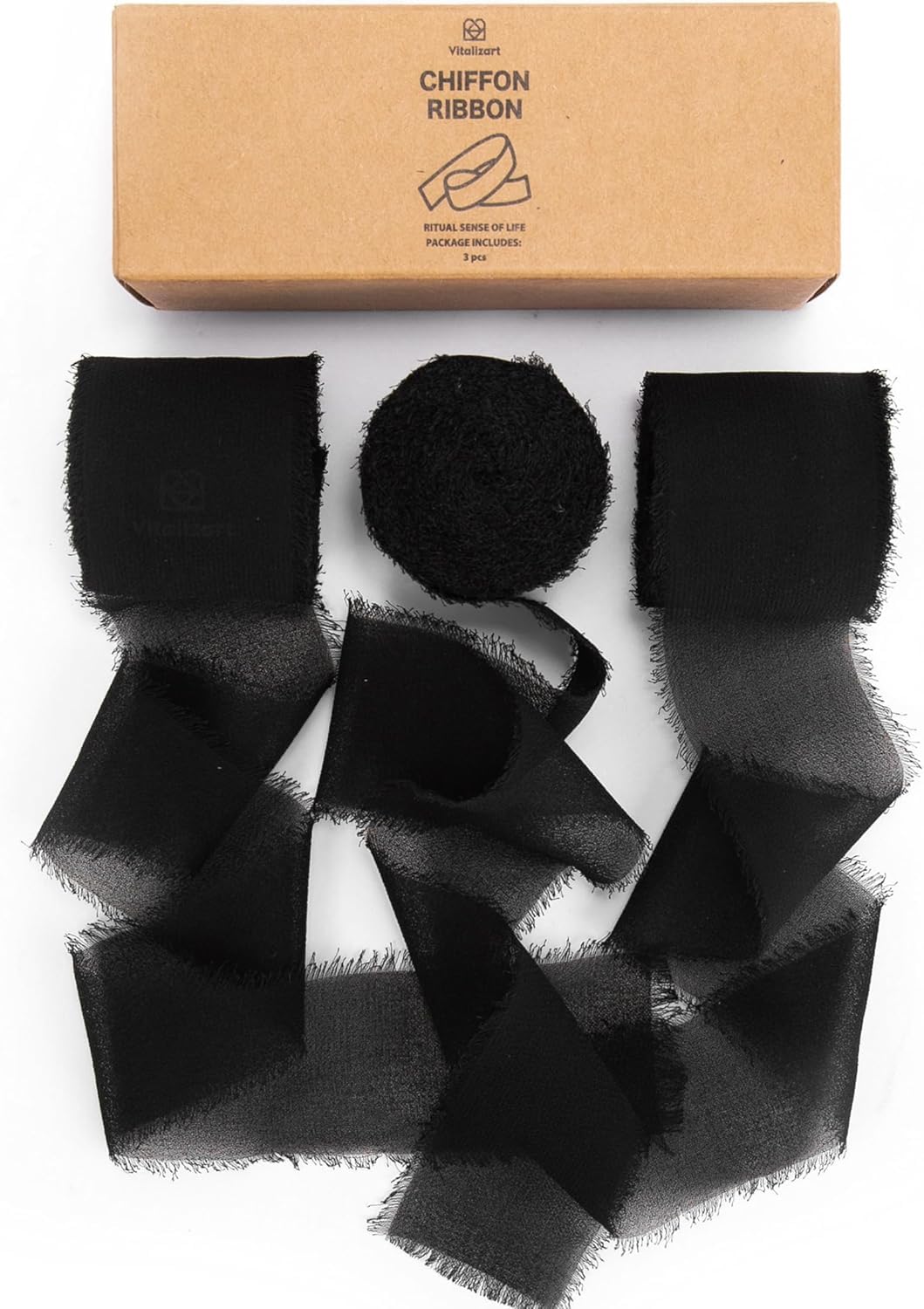Vitalizart Black Handmade Chiffon Silk Ribbon Fringe 3 Rolls 1.5" x 21 Yd Frayed Edges Ribbons for Wedding Invitations Bridal Bouquets Gifts Wrapping Crafts Holiday Decor